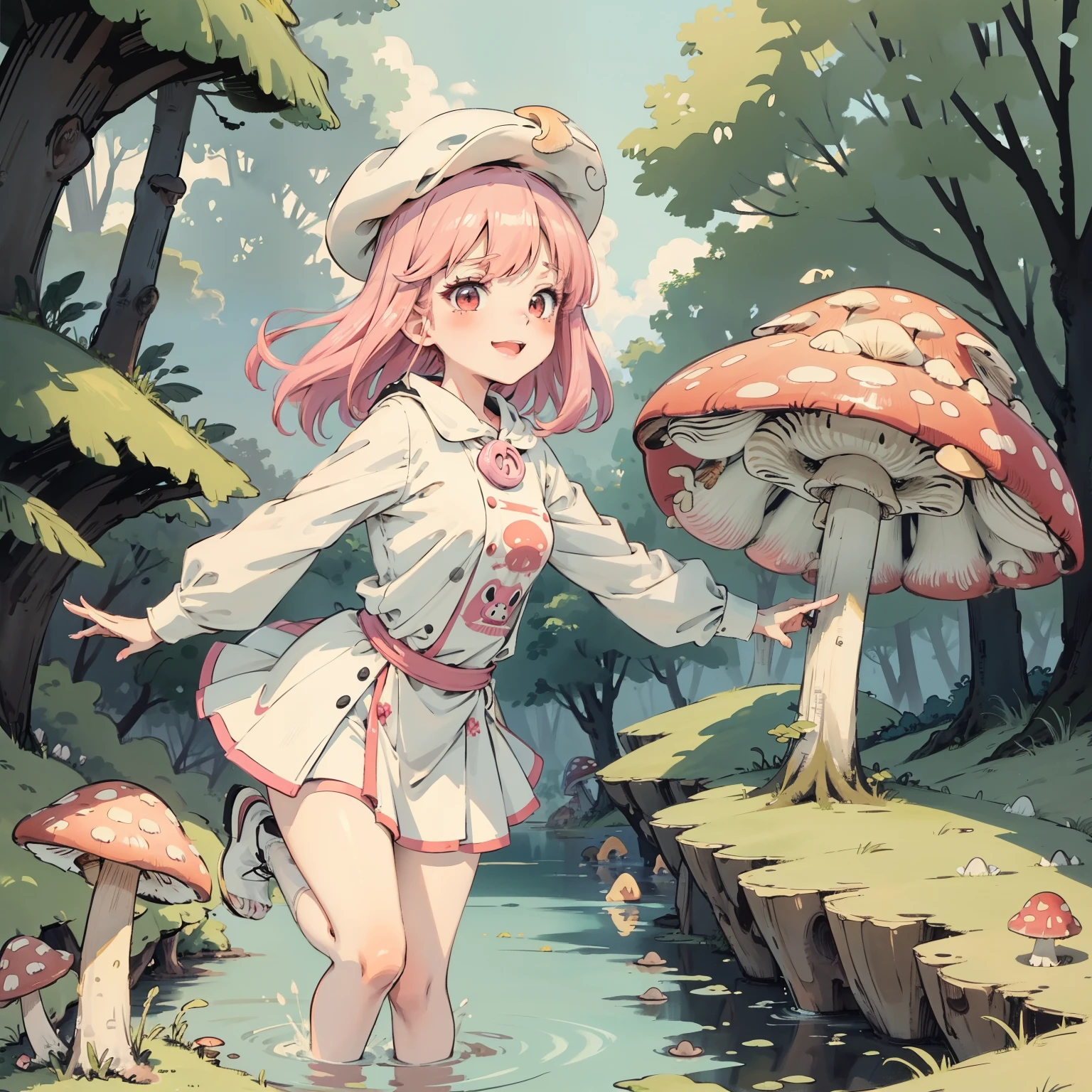 1girll, Pink hair, Red eyes, dress, (Solo:1.3),Simple drawing, Mushrooms and girls, huge boob, Big smile, Mushrooms + Mushrooms + Mushrooms + Mushrooms + Mushrooms,Red mushrooms,Cyan mushrooms,White mushrooms, Mushrooms grow on the body,From the side Side,Dancing,Watercolor illustration, Perfect anatomy, Masterpiece, Best quality, 1girll, Loli,,Nature, landscape