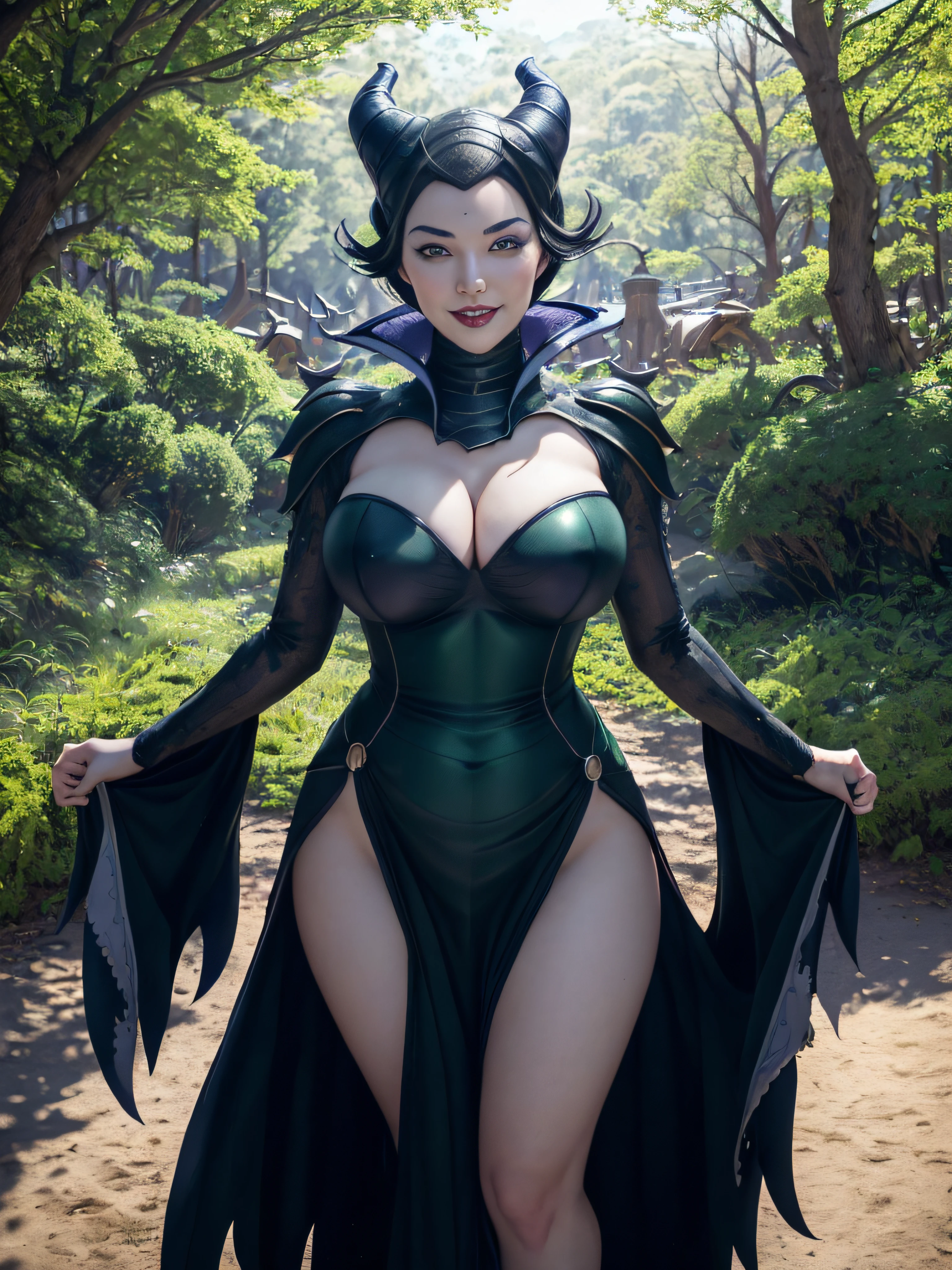 (MaleficentWaifu:1), evil smile, cute, cute pose, looking at viewer, thick thighs, :D, curvy, (long dress), magic, breast focus, green skin,
(realistic:1.2), (realism), (masterpiece:1.2), (best quality), (ultra detailed), (8k, 4k, intricate),(full-body-shot:1),(Cowboy-shot:1.2), (85mm),light particles, lighting, (highly detailed:1.2),(detailed face:1.2), (gradients), sfw, colorful,(detailed eyes:1.2),
(detailed ladscape, big city, magic, forest:1.2),(detailed background),detailed landscape, (dynamic angle:1.2), (dynamic pose:1.2), (rule of third_composition:1.3), (Line of action:1.2), wide shot, daylight, solo,