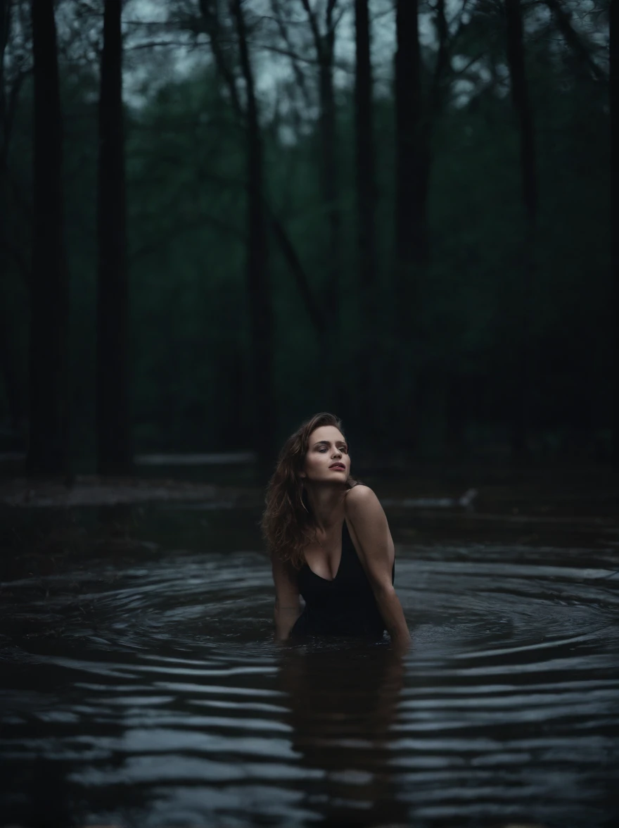 (dense damp forest), the night, (Black Sky). The moon shines from behind the clouds. Tormented by lust, european woman, (Drowning in a mud swamp), Dressed in jeans and a blouse. She is embarrassed and frightened, but can't stop.