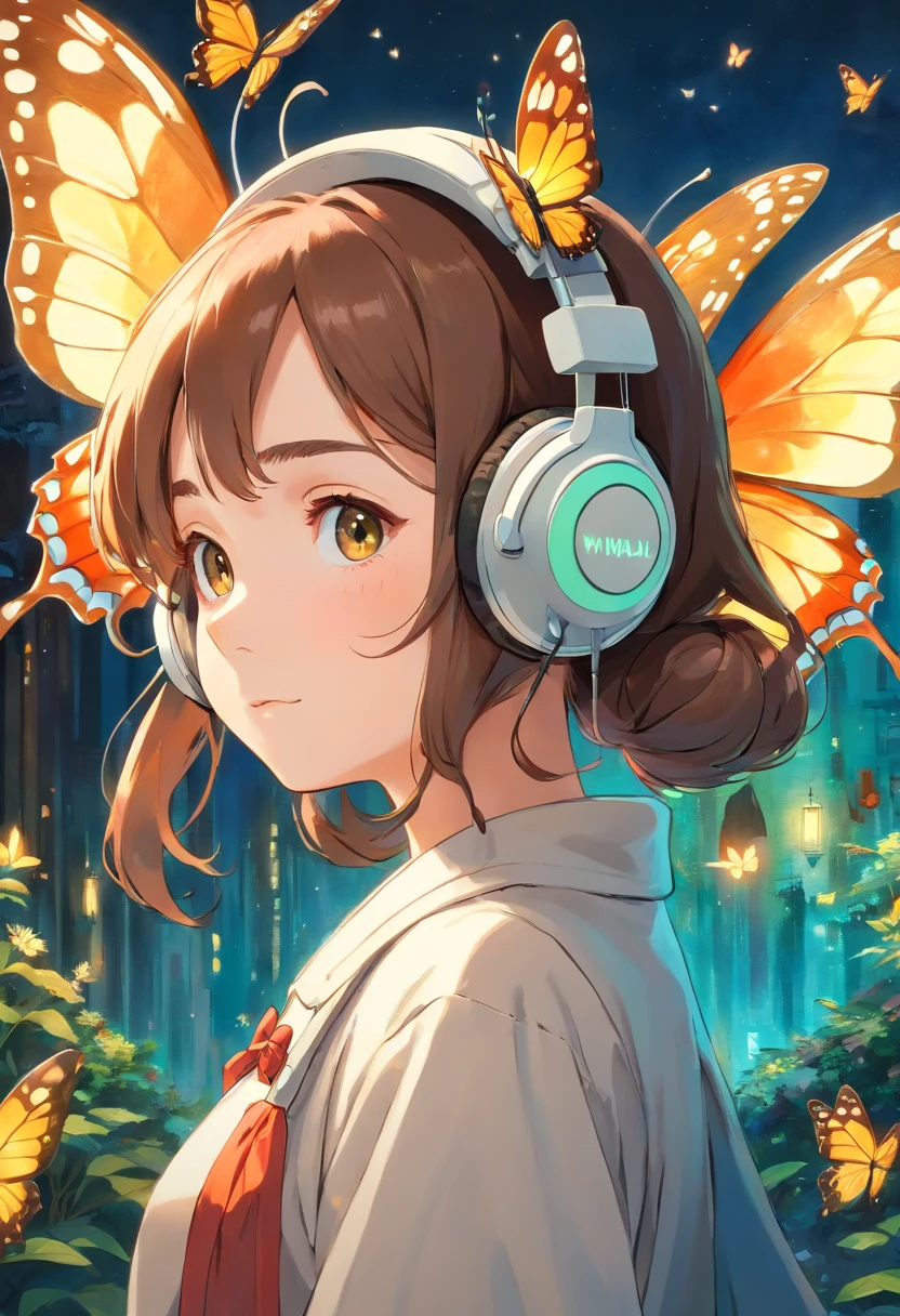 girl wearing headphones with butterfly wings, rich details, van gogh style, 8k, oil painting.