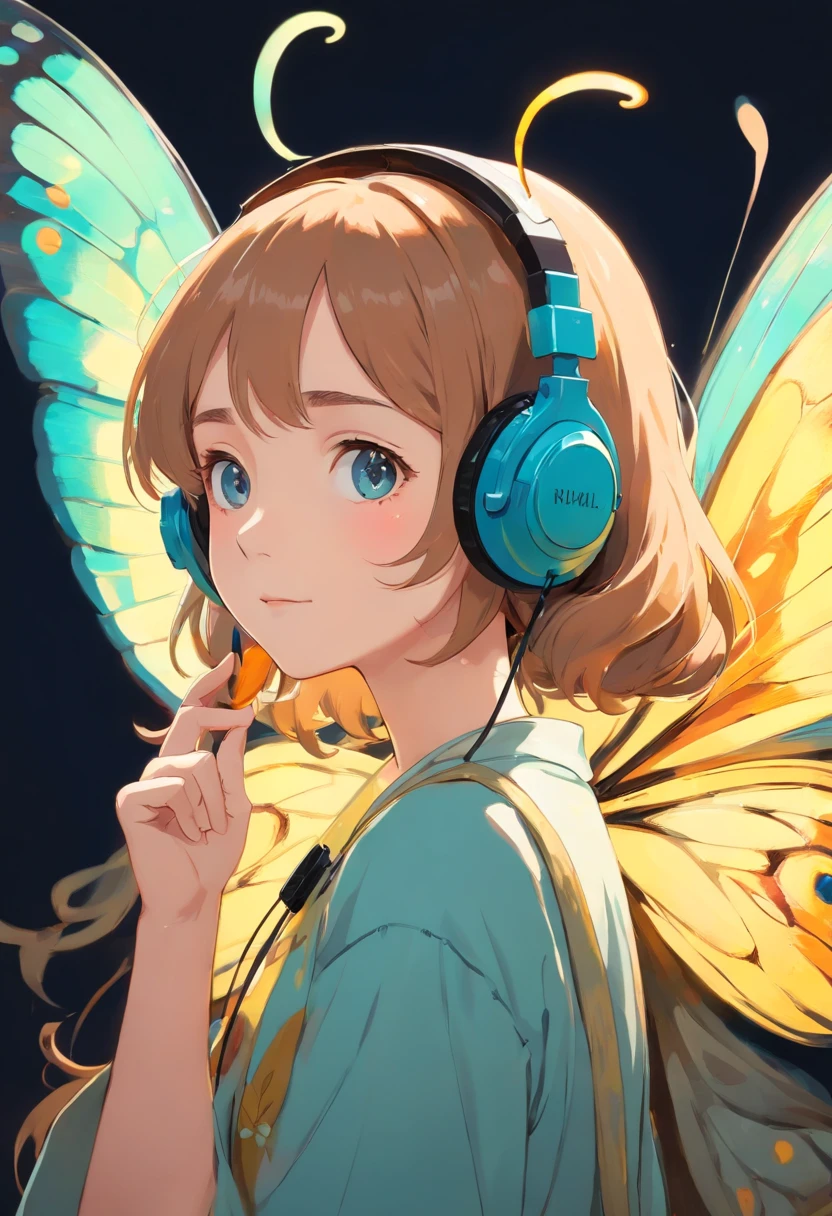 girl wearing headphones with butterfly wings, rich details, van gogh style, 8k, oil painting.