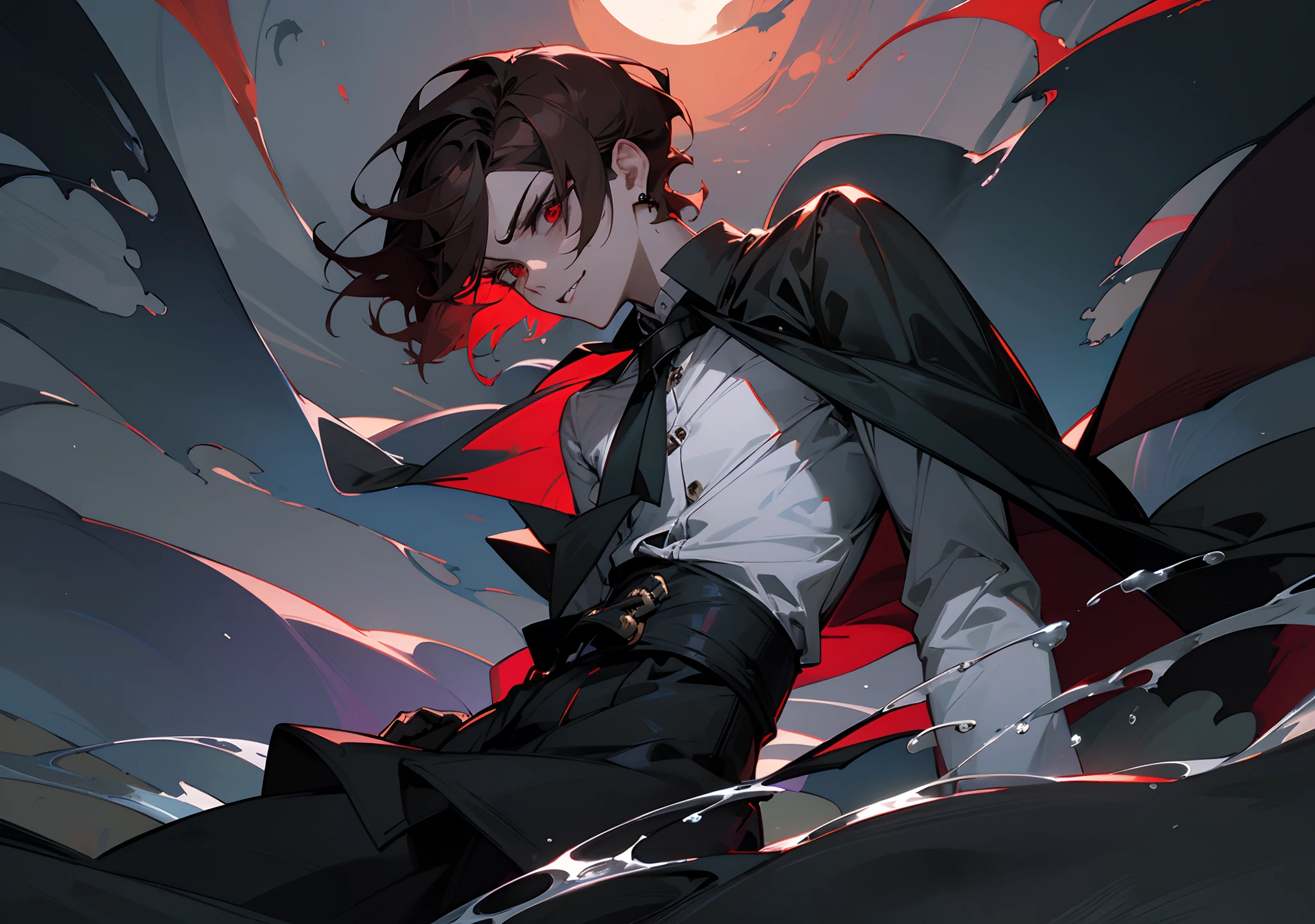 ((tmasterpiece)),(((beste-Qualit))), Close-up of seductive man with brown hair, Grown-up guy, Seductive evil, wearing white shirt, black cloak, black pants Attractive appearance, Subsurface scattering skin, Attractive humanoid, high detail, Skinny fantasy man, Fan art, Art, handsome male, red eyes, smirk, ssmile, fangs, vampire fangs, small pupils, Skinny face, sunken cheeks, Melancholic appearance, sharp chin, Smooth face, earring in the ear, Hair gradient, hair color from brown to red, thin eyebrows, short hair on the side, pixie hairstyle, Wavy Hair, A chilling look, Cool dark shades, Additional lighting, A gloomy picture, Black Darkness, An ominous fire in his eyes, A Necromancer, necromancy, Grieving, sorrow, Regret in the eyes, despair, dread, narrow eyes, Moonlit night, stands in the water, The moon is reflected on the water surface, Red Moon