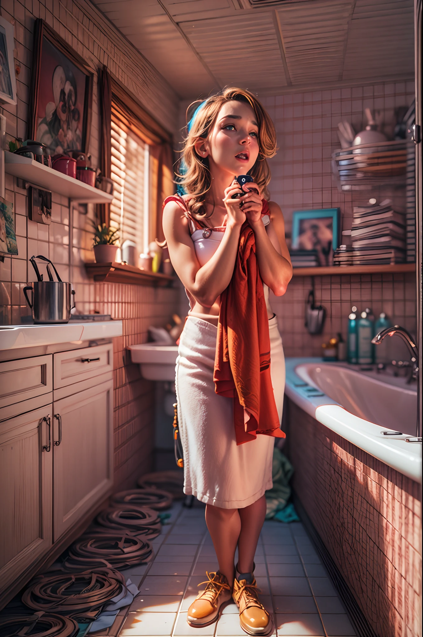 DSLR, F/2.8, Lens Flare, 5D, 16k, Super-Resolution . realistic style, key visual, vibrant, studio realistic, highly detailed A surprised whimsical girl clutched in red towel standing in a vintage bathroom, perfect anatomy, ,DSLR, F/2.8, Lens Flare, 5D, 16k, Super-Resolution . realistic style, key visual, vibrant, studio realistic,,highly detailed, graphic 3d model, render, comic art, graphic novel art, vibrant, detailed character design