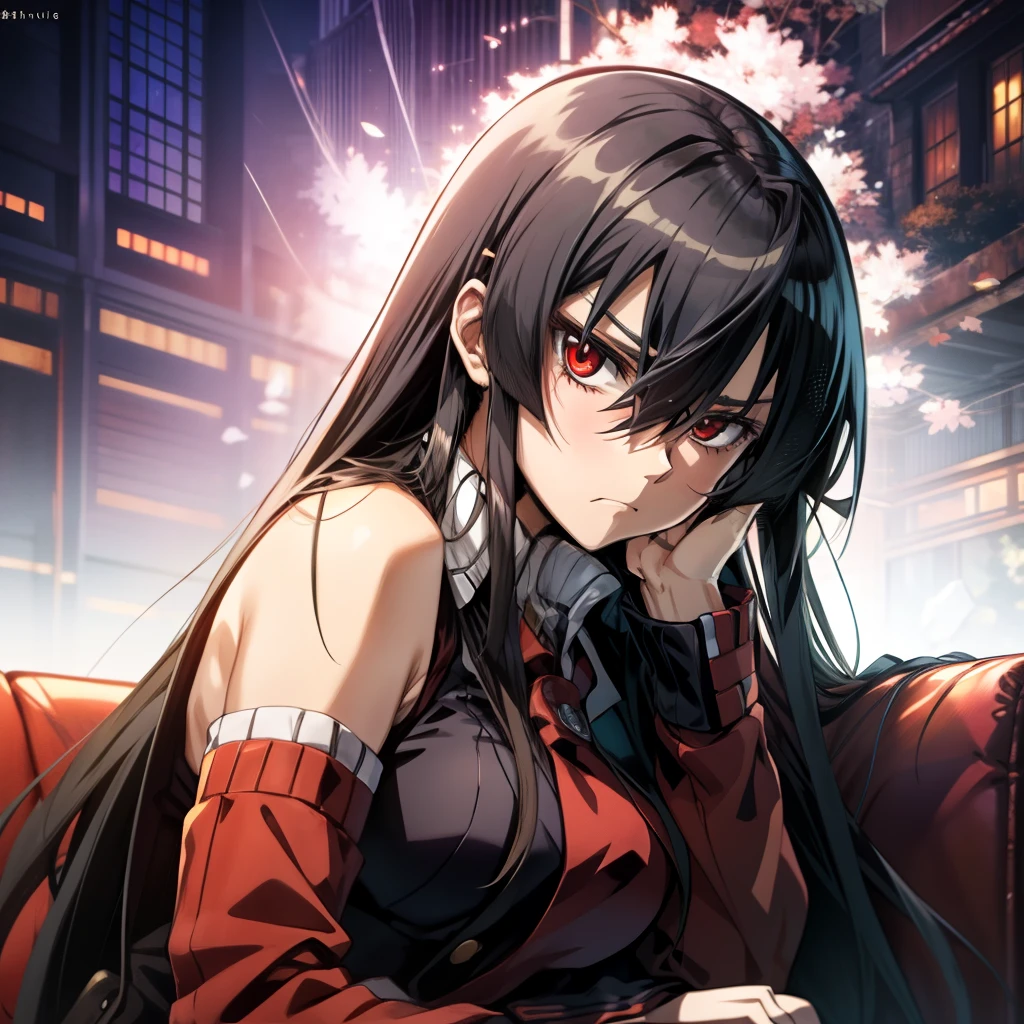 Akame (akame ga kill), sitting on a red couch, pouting face