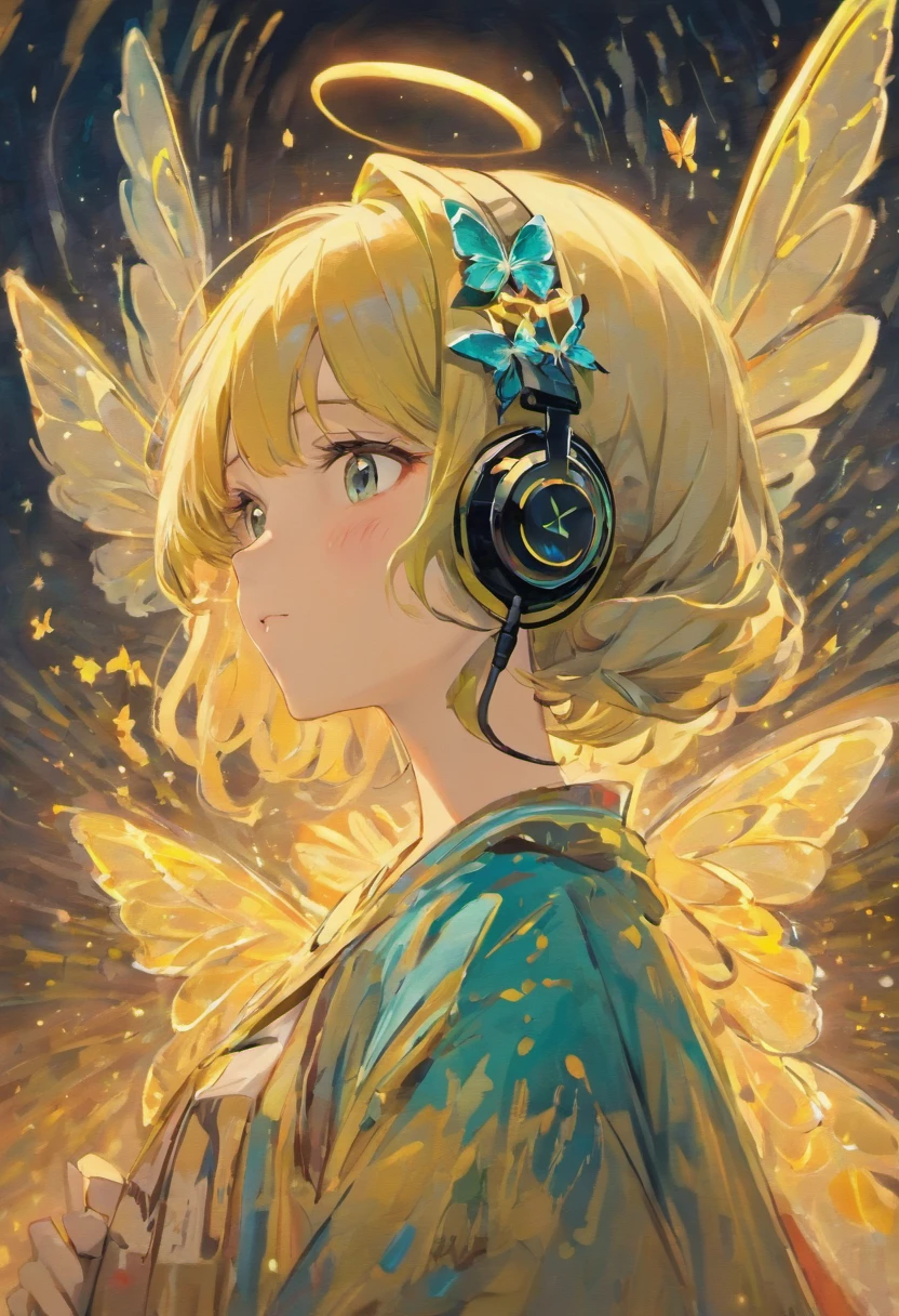 girl wearing headphones with butterfly wings, rich details, van gogh style, 8k, oil painting.