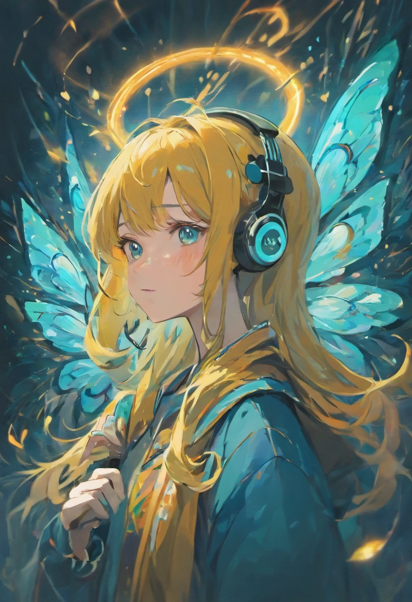 girl wearing headphones with butterfly wings, rich details, van gogh style, 8k, oil painting.