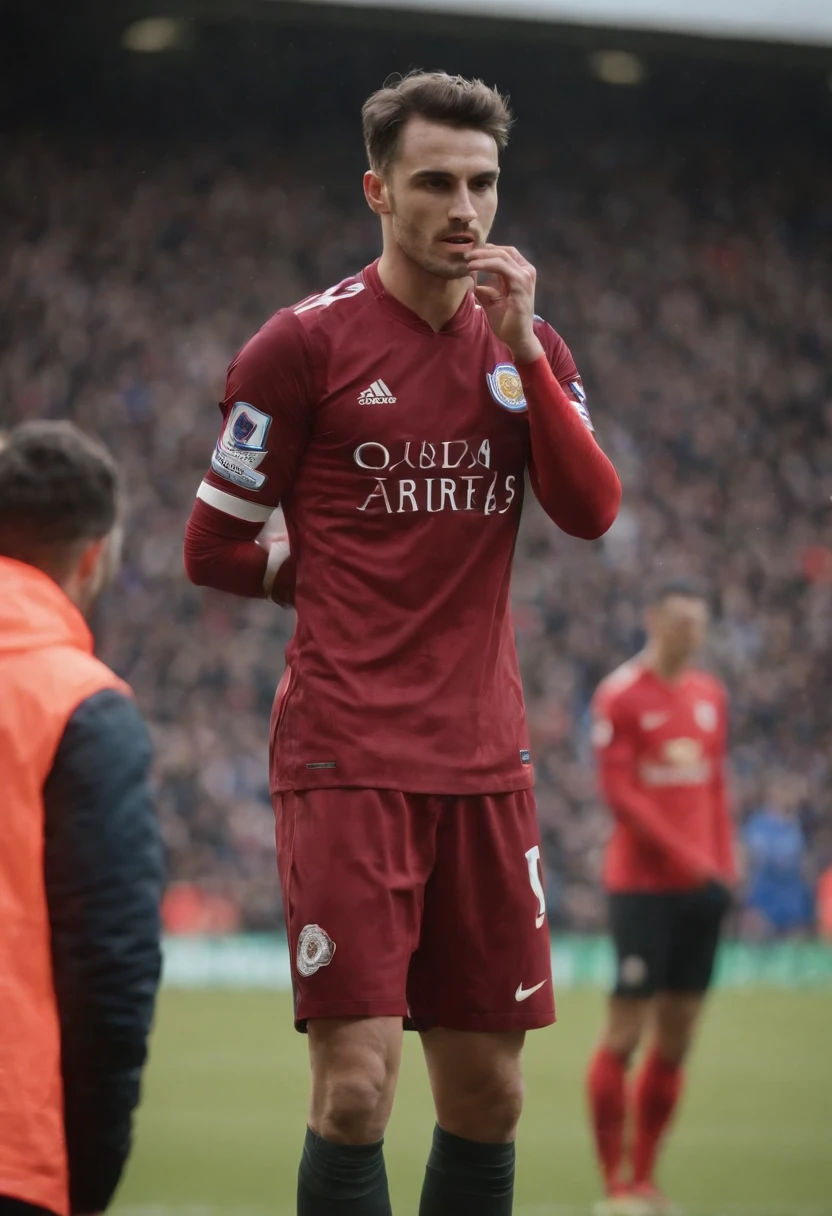 Homem soccer player da Inglaterra, queixo quadrado, rosto fino, manga longa, luva de frio da nike, in Leicester city