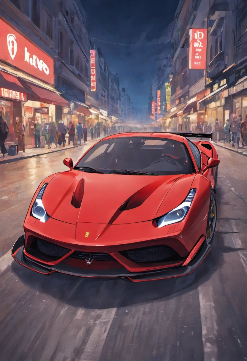 "Um Quority(Ferrari 488 GT3 |)Race cars race around the city circuit at night,Um sopro de sangue e velocidade。"