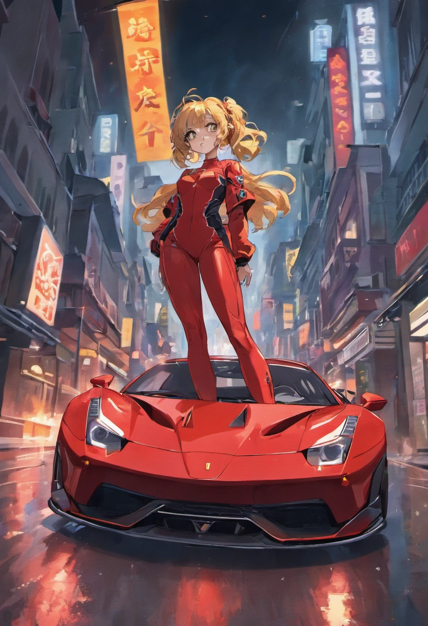 "Um Quority(Ferrari 488 GT3 |)Race cars race around the city circuit at night,Um sopro de sangue e velocidade。"