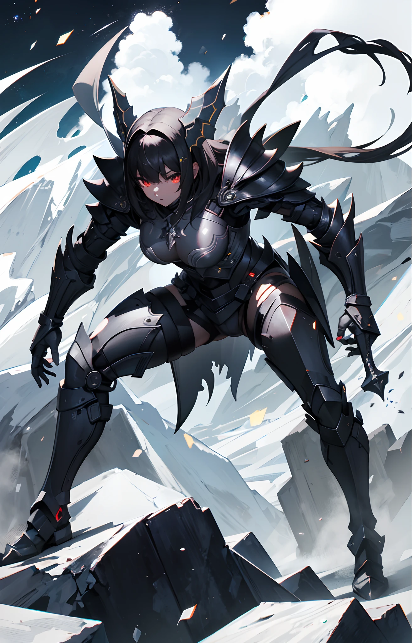 1girl, black hair , glowing white eyes, black armor, monster, masterpiece, high res, ultrasharp, 8k