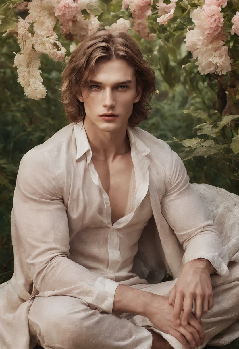 vogue photography, Beautiful Montenegro (light freckles:0.8) And a shy smile, (Muscular:1.4), Handsome long-haired male model sitting on blanket, Sweaty, It's all sweat, Shirtless, steven klein, Melt Arras and Marcus Pigot, mert and marcus, Flowers are scattered around, ryan mcginley, artem, inspired by Konstantin Somov, Danila Tkachenko, photography alexey gurylev, amongst foliage, steven meisel, photography alexey kurylev. Natural skin, Textured skin, (Kagor aesthetics:1.2), (rim lit:1.3), Pastel colors. . elegant, opulent, Flowing lines, Detailed, decor,Simple . Award-winning, professional, Highly detailed