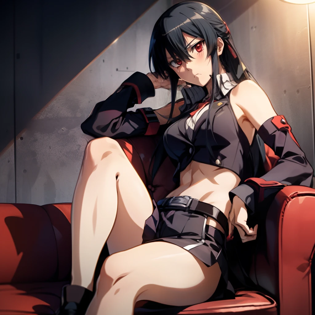 Akame (akame ga kill), sitting on a red couch, pouting face