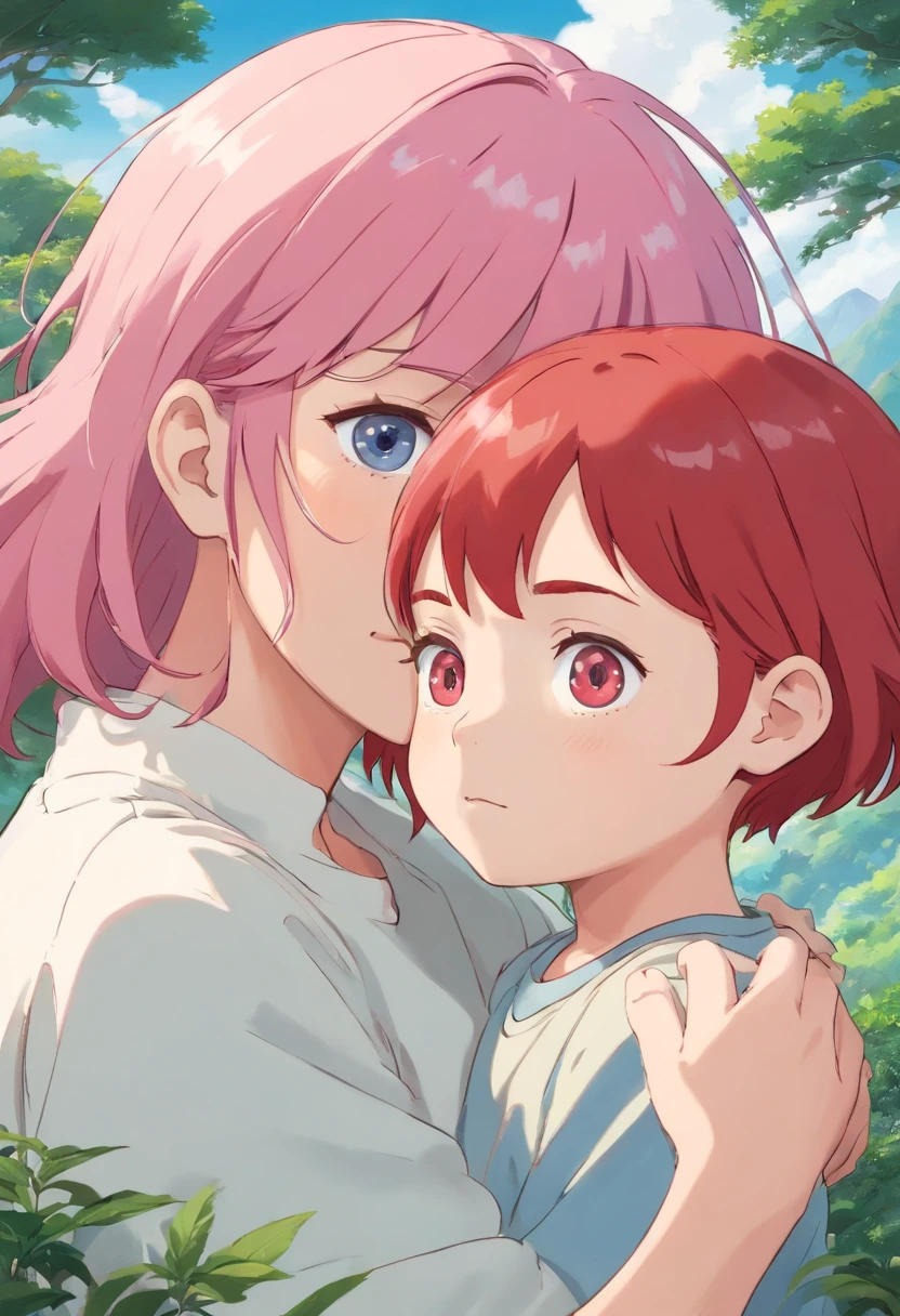 Homem jovem, Young woman with pink hair and child woman with red hair together