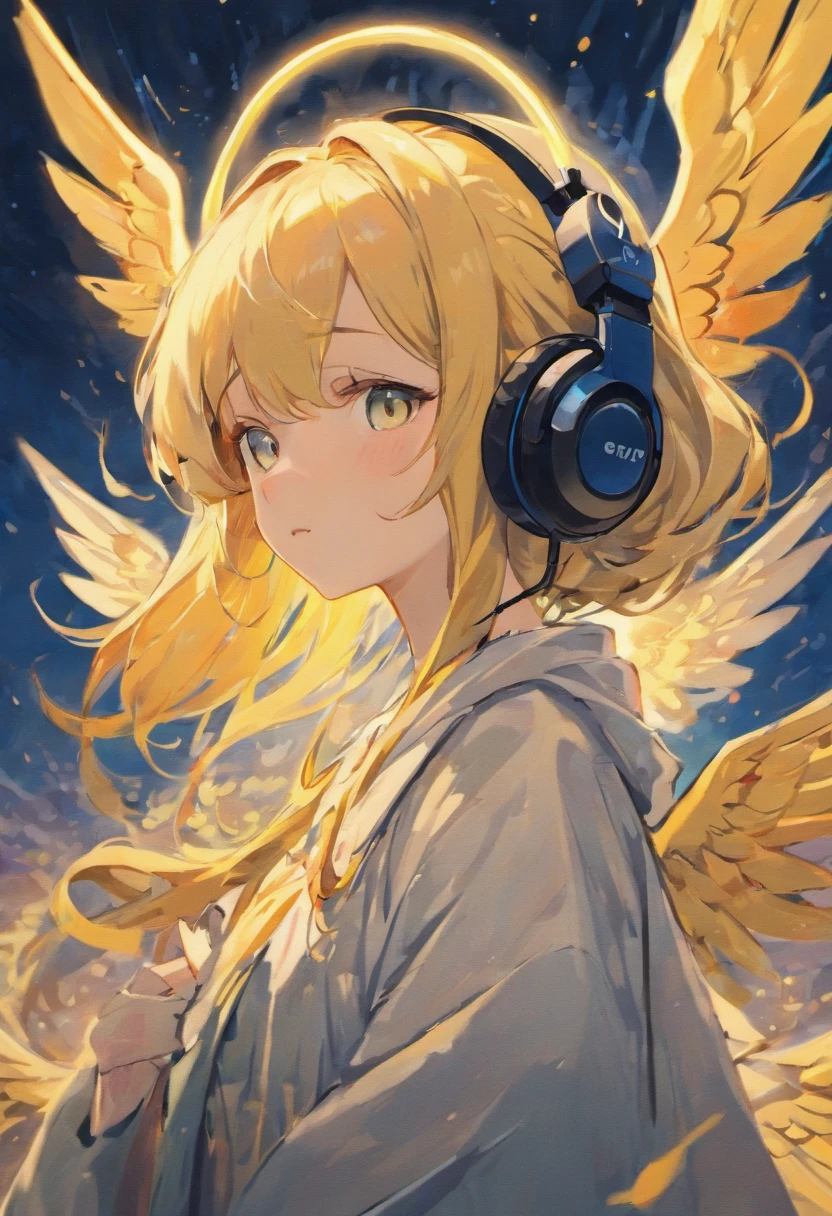 girl wearing headphones with wings, rich details, van gogh style, 8k, oil painting.