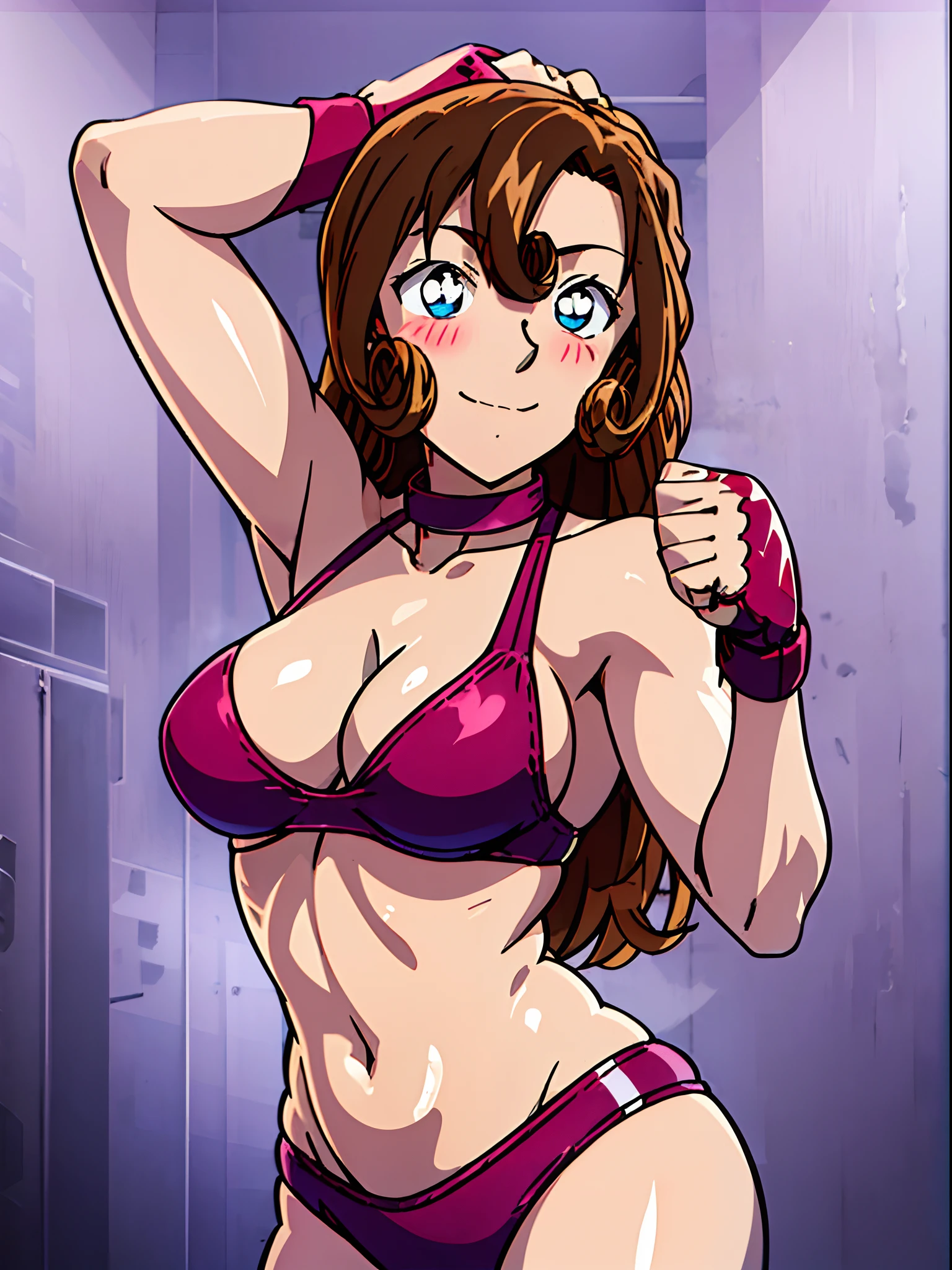front view, cowboy shot, ultra detailed face, best quality, anime style, hires, highest definition, digital blending, bold drawing lines, ((weak body, female wrestler), (slender body), mature woman, milf, (wrestling gear, collar band), victorious, gorgeous, winner, not blushing, confident face, smile, (closed mouth), (pale skin, shiny skin, lighting and shadow), (cleavage), (clean face), (warming up), closed fists, (brown, curly hair, long hair, curly bangs), 37 years old,