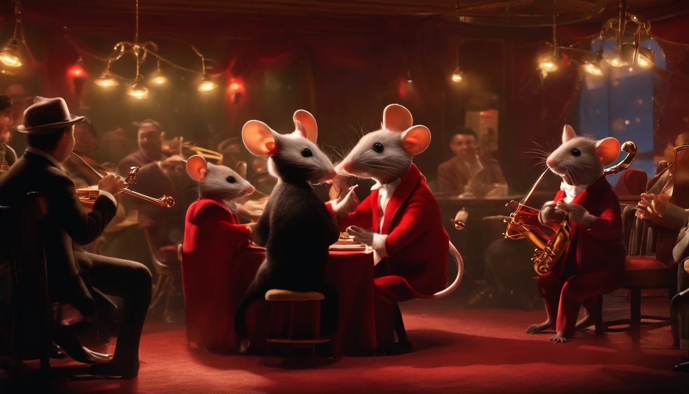 mouse dressed in red sweater sitting  at a 1930's jazz bar, human's playing instruments on stage, bright christmas lights, people dancing