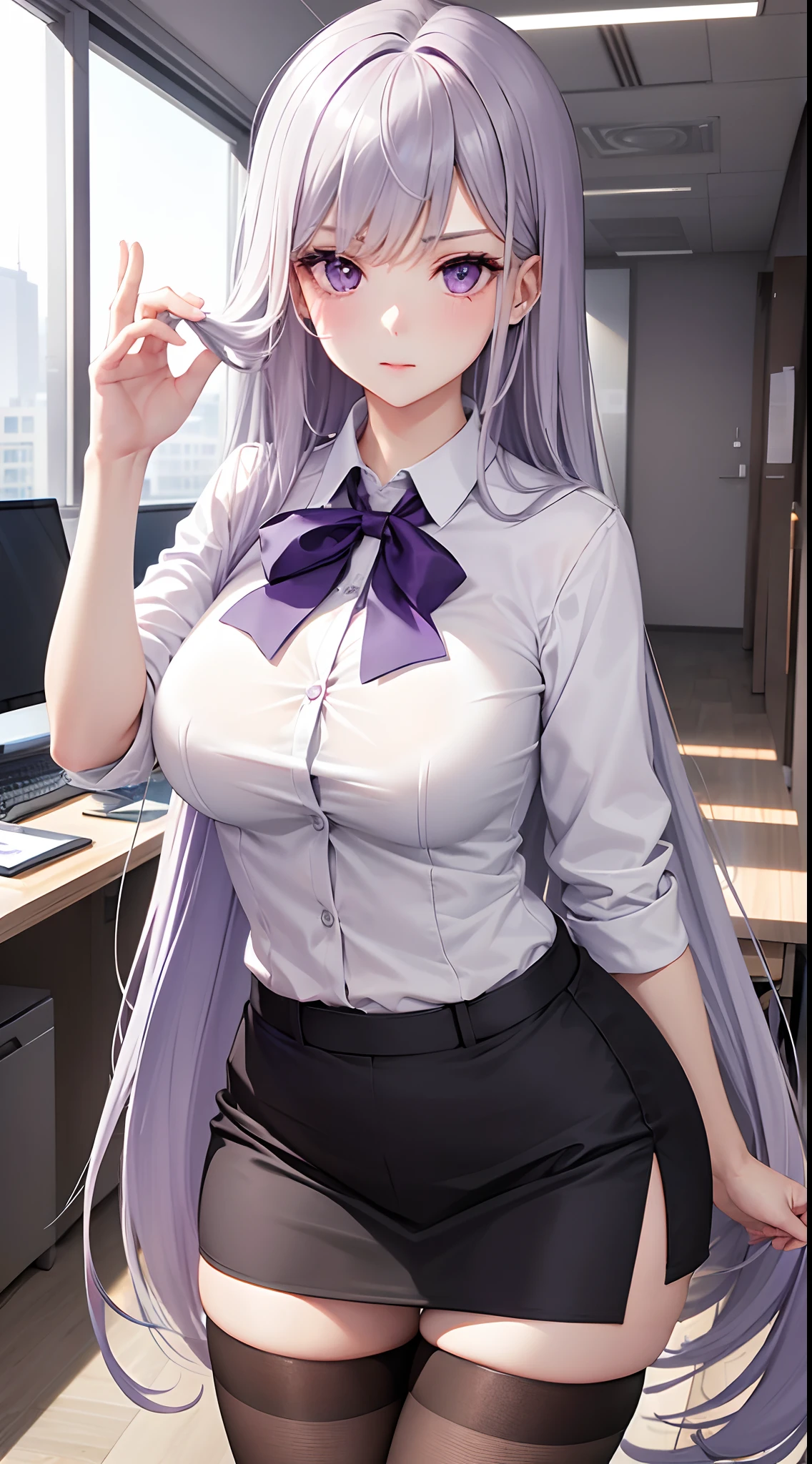 1 girl, office uniform, office room, long silver hair, purple colour eyes, looks serious, professional, long black stockings until thighs, cool, beautiful, pale skin, perfect body figure, Normal breast 1:3, cute