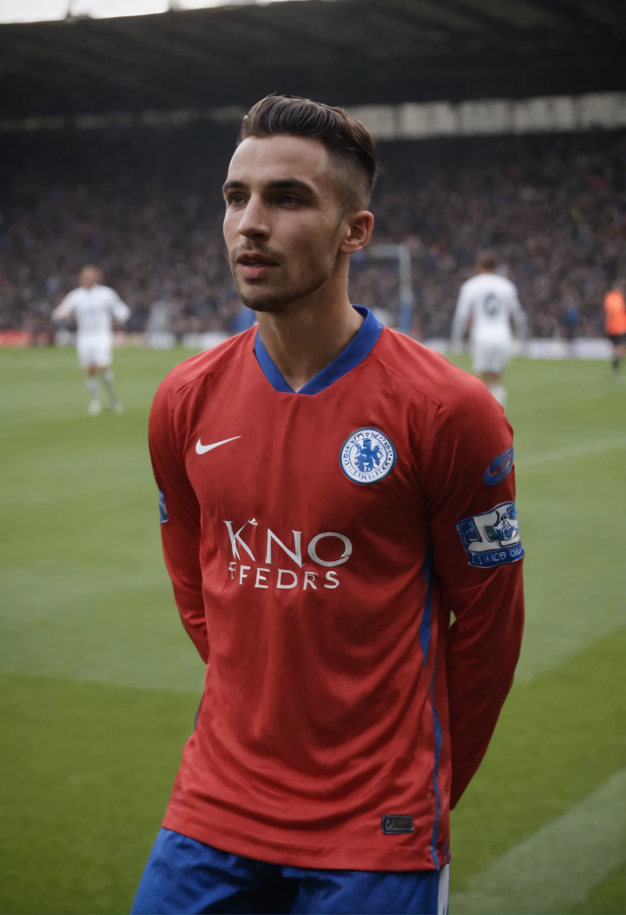 Homem soccer player da Inglaterra, queixo quadrado, rosto fino, manga longa, luva de frio da nike, in Leicester city