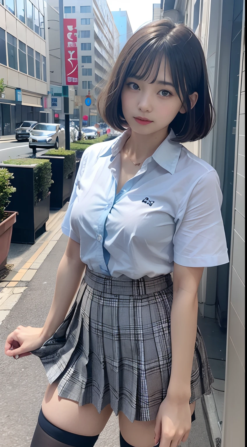 Highly detailed CG Unity 8k wallpaper, of the highest quality,(Long bob cut), super detailed, masutepiece, Realistic, photos realistic, Very meticulous cute girl, female child, Youngs:1.2,Cute face,pale blue hair,Random hairstyle, long hair and waist,Colossal tits, Facing forward, Spread your legs,White transparent dress (Skirt lift), skirt lift by yourself,Non-marking transparent skirt, panty-less, Crotch focus,Black pantyhose,Slim waist,Big Assa, blush, Parted Lip, looking at viewert, Low Vision, (Crowded city), Dull bangs, large boob, (Clearly visible detailed female pubic shape: 1.4), Masturbation Girl,fully body photo,One guy、cafe terrace、female high-school student、JK school uniform、a miniskirt、(Light blue shirt), (Navy and blue and white plaid pleated skirt), Knees are visible,Sheer clothing,Thigh、cleavage of the breast、Unbutton your shirt to expose your chest
