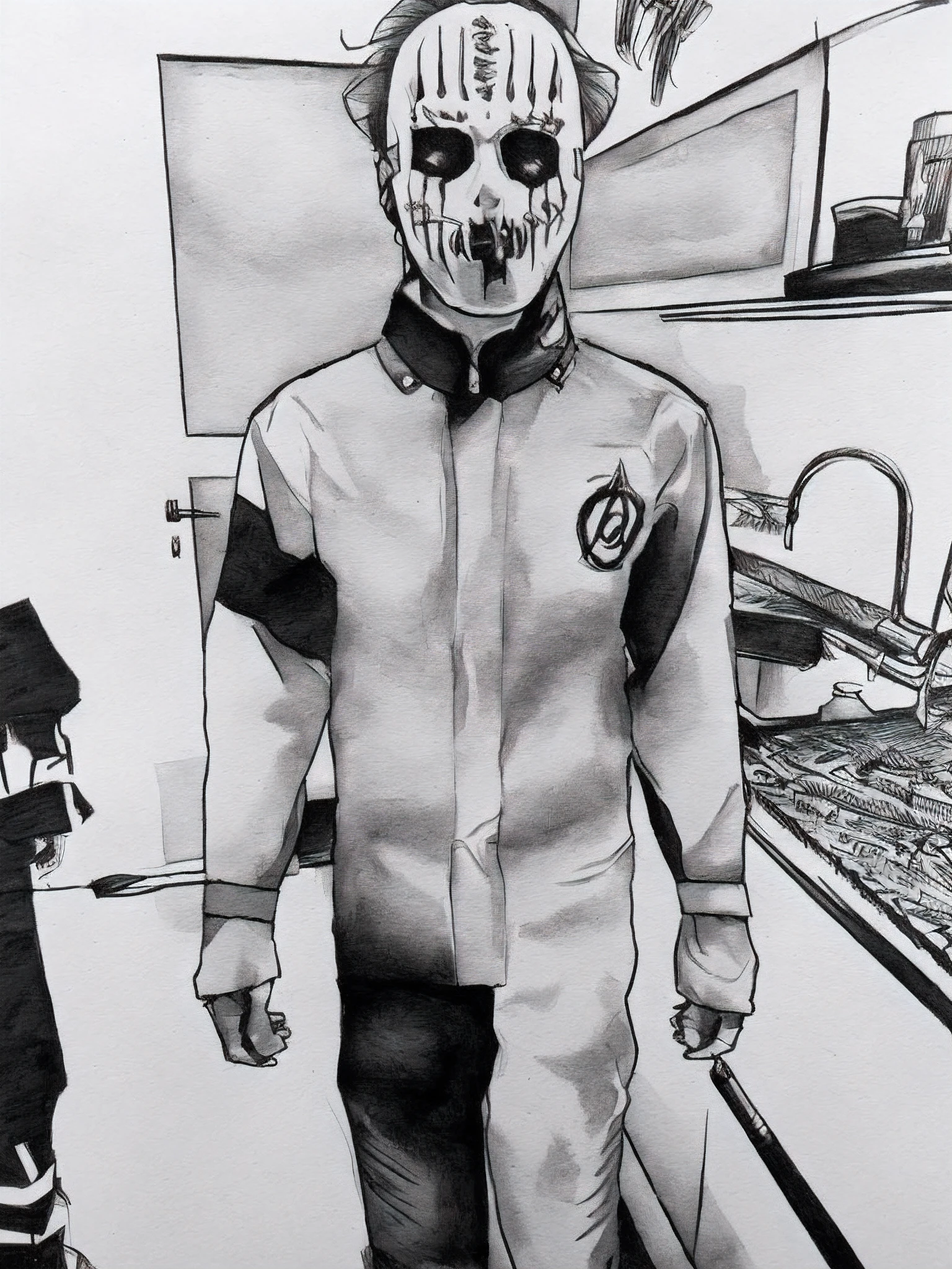 1 sujeto con traje de slipknot, boceto artstyle, Graycale, monocromo, ((solamente))