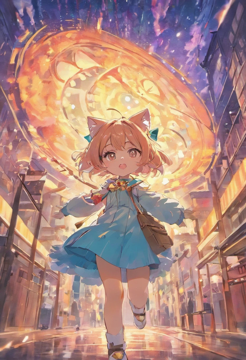 Kemono anime gato menina com grandes olhos brilhantes, Asas Abertas, clouded skies, pano de fundo de pontos brilhantes, Van Gogh estilo.