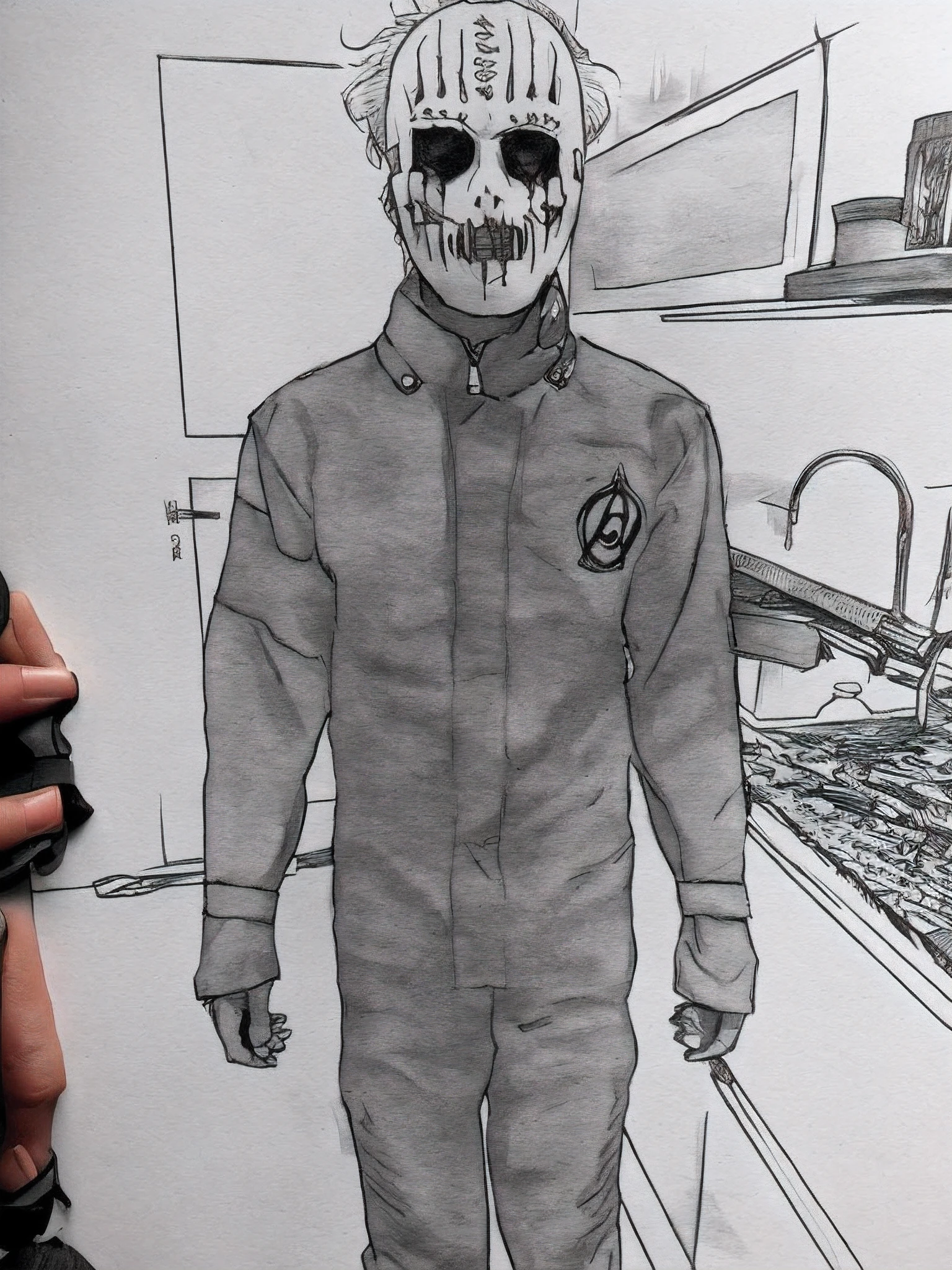 1  sujeto con traje de slipknot, boceto artstyle, Graycale, monocromo, ((solamente))
