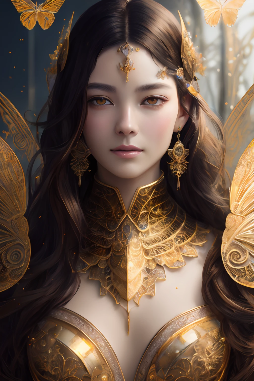8k portrait of beautiful cyborg with brown hair, intricate, elegant, highly detailed, majestic, digital photography, art by artgerm and ruan jia and greg rutkowski surreal painting gold butterfly filigree, broken glass, (masterpiece, sidelighting, finely detailed beautiful eyes: 1.2), hdr, detailed skin, happy smile