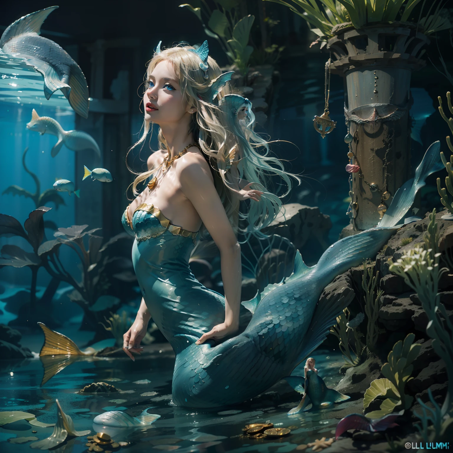 (number々Award-winning masterpieces of, with incredible detail, textures and maximum detail), (The part corresponding to both legs has a beautiful fish tail fin), (Full body view of the mermaid:1.7), (Hyper realistic:1.4), (Realistic:1.3), (Upper Body Up:0.3), (Many gold and silver treasures are sinking: 1.8), (Top quality real texture skins), (((in water))), (Shallow coral reefs: 1.5), (Bright sea in the daytime: 1.6), (fine perfectly symmetrical eyes), (Beautiful and delicately drawn face), ((medieval world)), (Full body display of mermaids: 1.7), ((mermaid)), ((Mermaid Princess)), ((Mermaid aristocracy)), (Clear eyes sparkling in the eyes), (She has a mischievous smile on her face), (Sunken ship with treasure:1.8), Temples sunk into coral reefs, Ancient sunken city, Sunken Temple, Sunken Great Cathedral, Sunken Detached Temple, Sunken ruins of an ancient castle, (Shining majestic water and light:1.2), reefs, (Eyes glowing blue in the dark:1.5), ( A pair of ice blue eyes emitting intense blue light from the inside:1.5), (bio luminescent:1.5), (Full body view of the mermaid:1.7), (Underwater treasures: 1.8), (Swirling water flow and background flow), (Dramatic light), (A majestic sight), (Her countenance is gentle and beautiful), Glass earrings on the ears, (dramatic photography:1.4), (dramatic pose), (flamboyant photo), (Golden hair), (Silver hair), (Chestnut hair), (Full body view of the mermaid:1.7), ((looks up)), ((Looking down)), (Around her neck is a simple necklace of exquisite workmanship), (Bioluminescence with brilliant brilliance:1.3), (Use fancy hydromagic:1.2), (Beautiful fish in the surroundings), (full-body view:1.7), Epic Realistic, Faded, Art Book, (Greg Rutkowski:0.8), (teal and orange:0.4), (Art Station:1.5), Cinematic, ((Neutral colors)), (nffsw:1.5), (Muted colors:1.2), Hyper Detailed, Dramatic light, (Intricate details:1.1), Complex background,