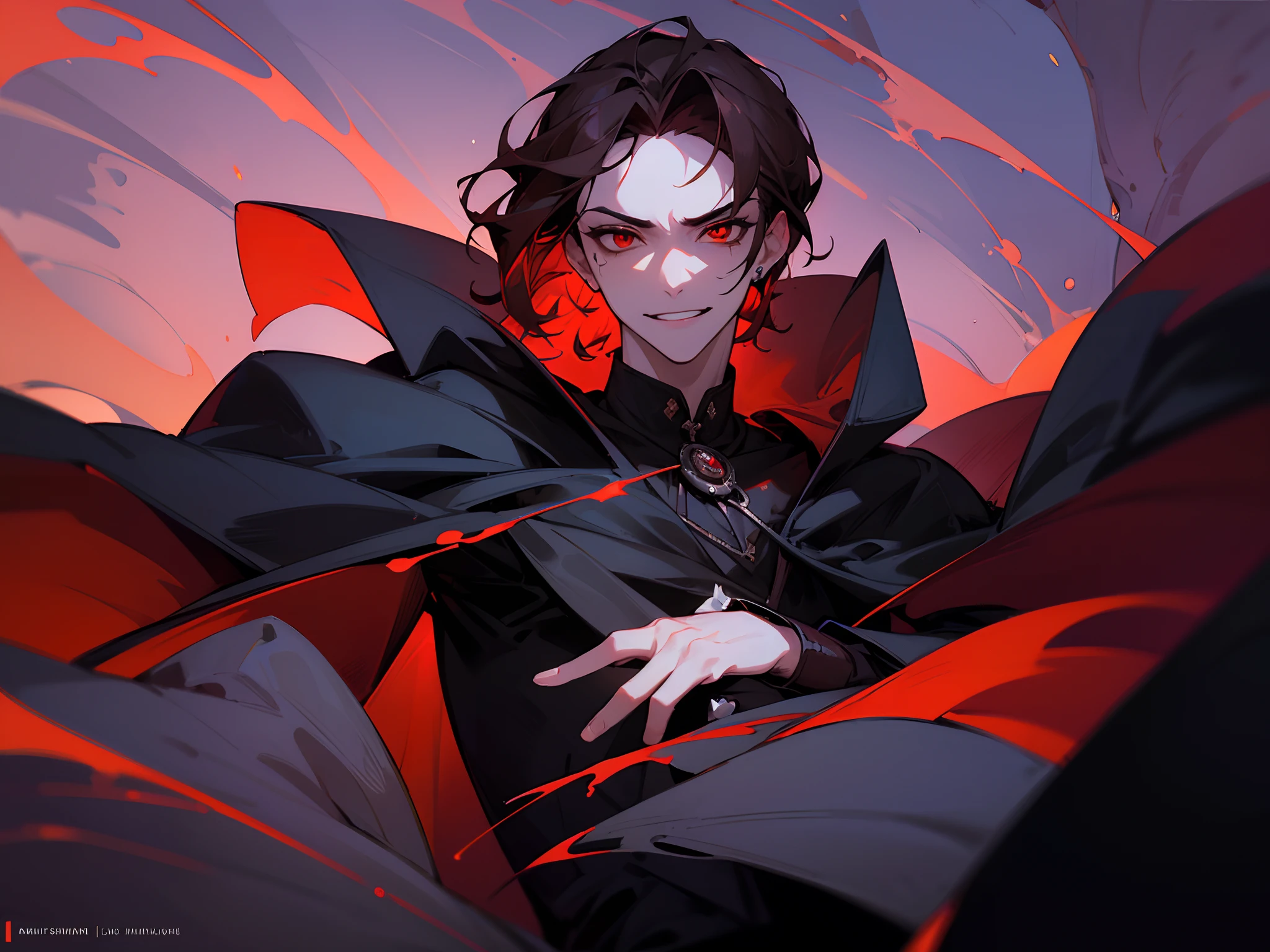 ((tmasterpiece)),(((beste-Qualit))), Close-up of seductive man with brown hair, Grown-up guy, Seductive evil, wearing white shirt, black cloak, black pants Attractive appearance, Subsurface scattering skin, Attractive humanoid, high detail, Skinny fantasy man, Fan art, Art, handsome male, red eyes, smirk, ssmile, fangs, vampire fangs, small pupils, Skinny face, sunken cheeks, Melancholic appearance, sharp chin, Smooth face, earring in the ear, Hair gradient, hair color from brown to red, thin eyebrows, short hair on the side, pixie hairstyle, Wavy Hair, A chilling look, Cool dark shades, Additional lighting, A gloomy picture, Black Darkness, An ominous fire in his eyes, A Necromancer, necromancy
