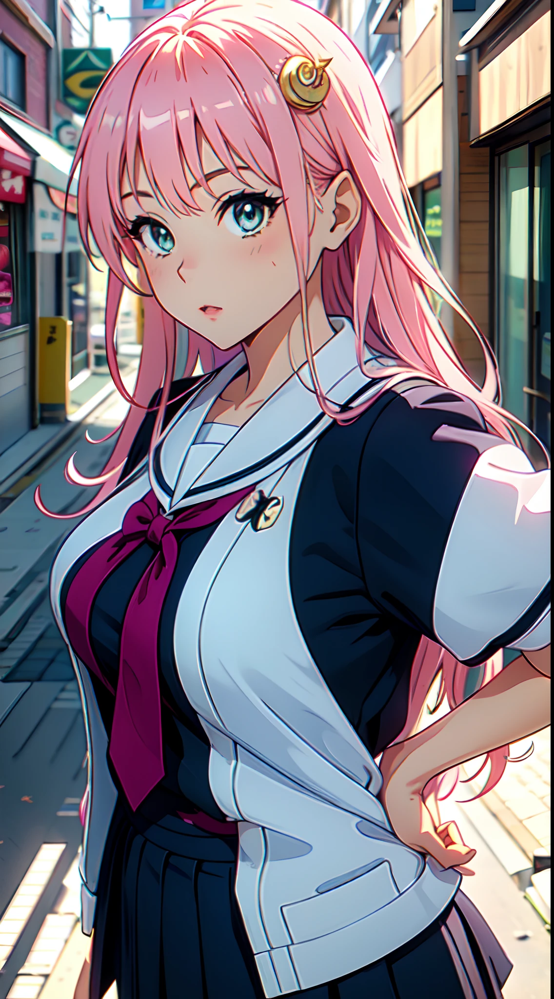 (Masterpiece, extremely detailed 8k CG, ligne nette),Lala Satalin Deviluke, 25 ans, Art officiel, colourfull, Beau style anime japonais grands yeux, une jolie femme, cheveux roses, yeux verts clairs, Regarder le spectateur, timide, peau lisse:1.2, Perfect face without any flaws , high detail face, pouty lips , yeux parfaits , detailled eyes, Japanese high school uniform, corps parfait, Belles courbes, gros seins, grosses fesses, vue de face, corps entier