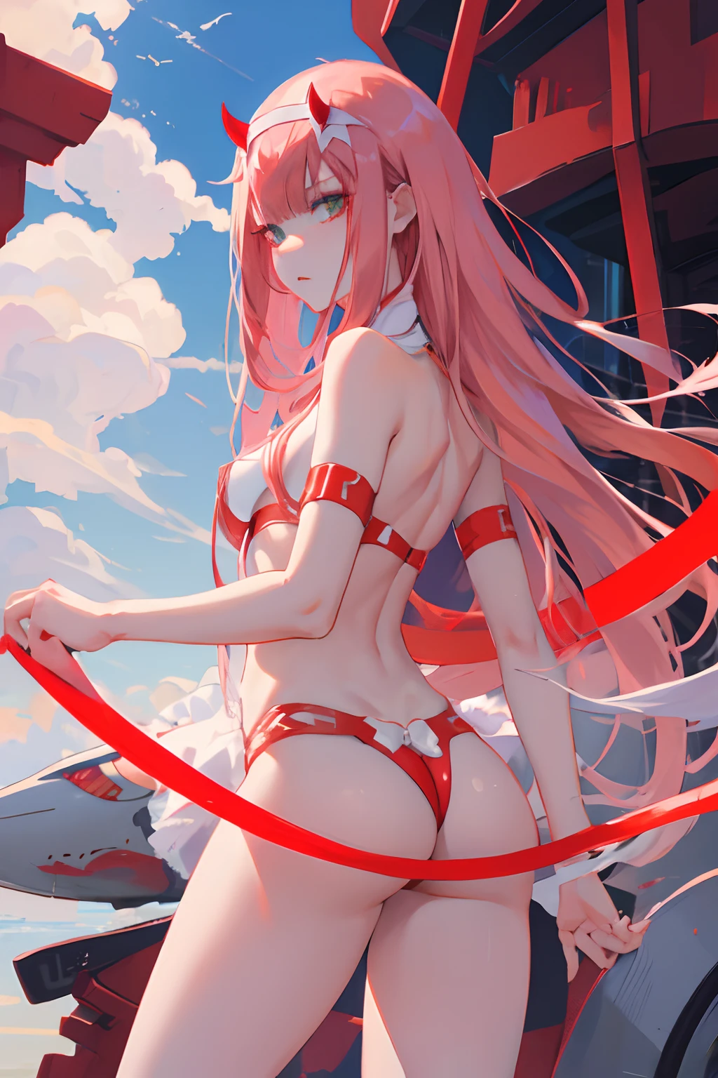 zero two \(darling in franxx\), darling in franxx, 1girl, bangs, bite, shadow, long hair, small breasts, large thighs, big ass, makeup, looking at the viewer, pair of small red horns, pink hair, pilot suit, red bodysuit, red eyeshadow, tight skin, solo, detailed background