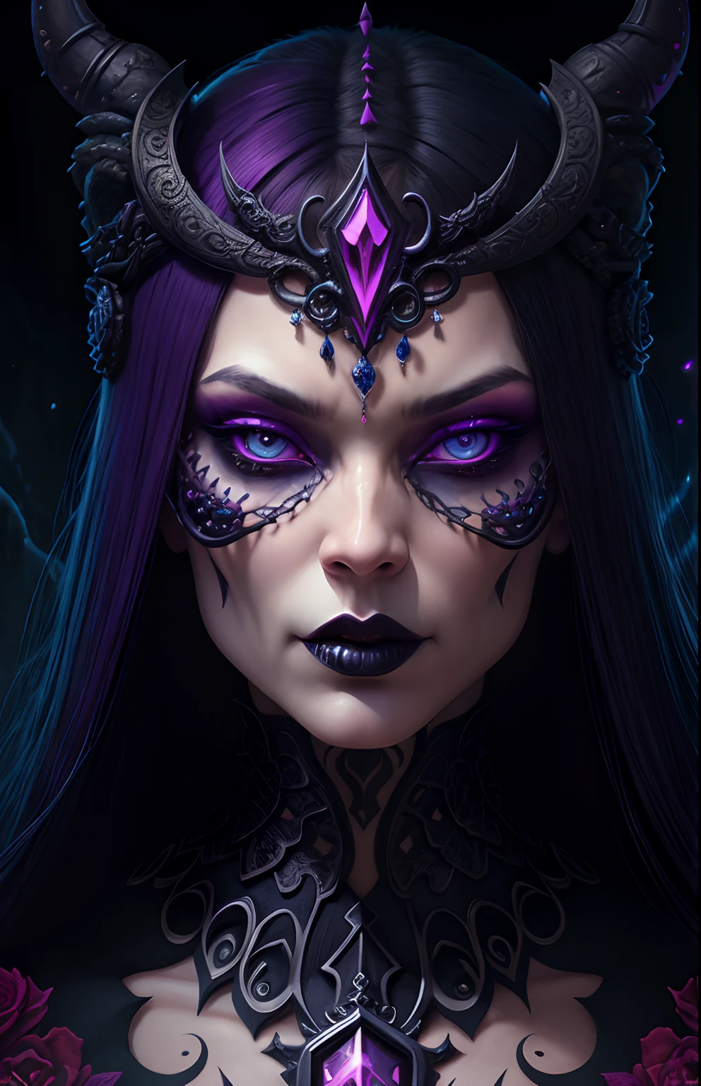 female skull demon queen concept art portrait by Casey Weldon, Olga Kvasha, Miho Hirano, hyperdetailed intricately detailed gothic art trending on Artstation triadic colors Unreal Engine 5 detailed matte painting, deep color, fantastical, intricate detail, splash screen, complementary colors, fantasy concept art, 8k resolution, gothic deviantart masterpiece