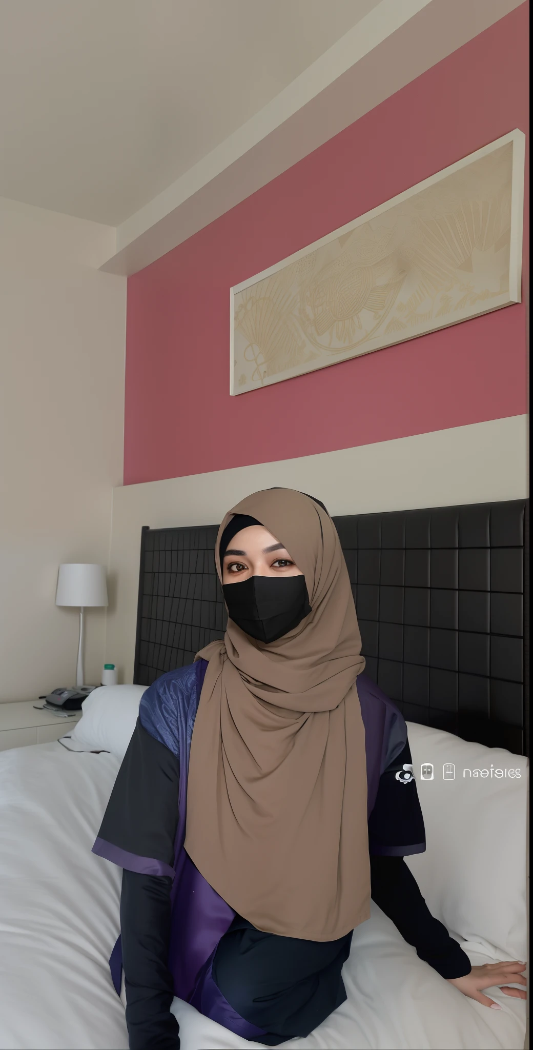 arafed woman in a hijab sitting on a bed, hijab, wearing facemask, wearing mask, captured on canon eos r 6, face covered, wearing all black mempo mask, in background, facemask, wearing a mask, with a covered face, photo taken with canon 5d, taken with canon 5d mk4, smooth in _ the background