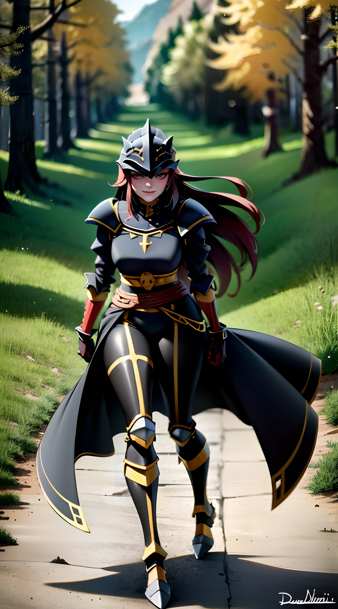 ((Masterpiece, Best Quality)): 1Girl, Princess Ryuko matoi wearing : Heavy red black and gold Knight Armor, black knight shoulder pauldrons, heavily armored black knight helmet, heavy mech armor, draconian armor, cyber armor red and black, gold belt, heavy red black dress, long hair, long tapered red dress with gold and black highlights, princess armor, long flowing black dress with red highlights and gold waist belt, red mechsuit, looking at viewer at eye-level, full-body, forest background, forest background with large mountains, heavy armored black gold and red dress, looking at viewer with closed smirk,