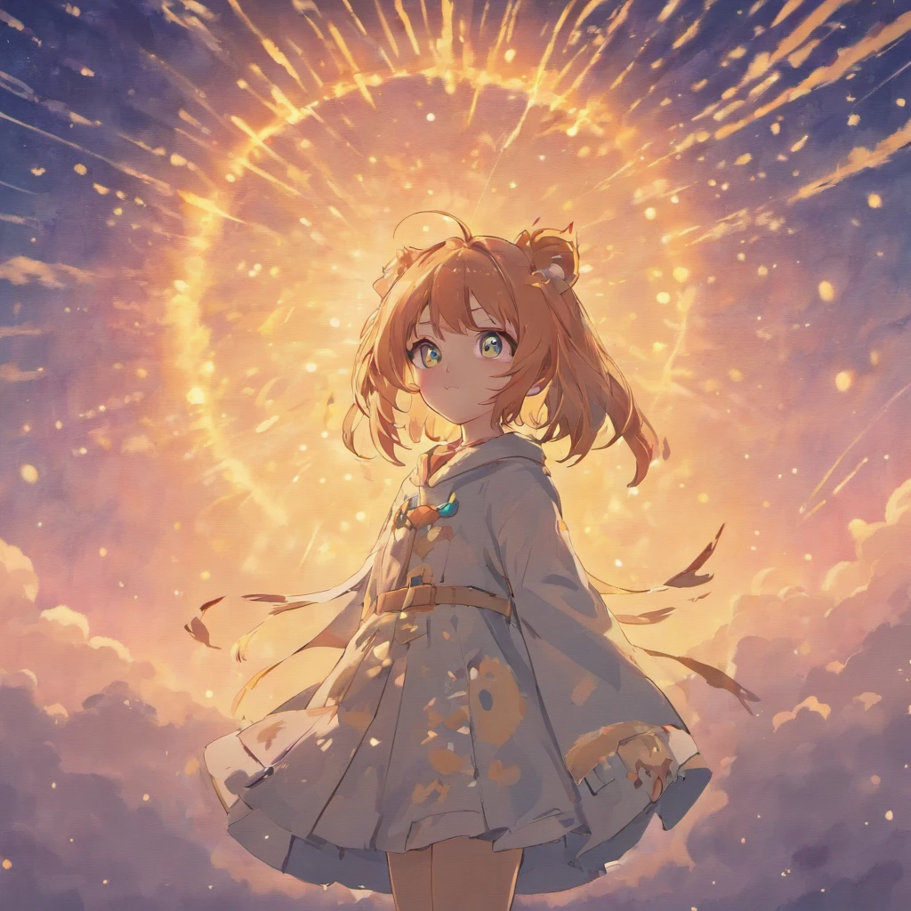 Kemono anime cat girl with big bright eyes, open wings, clouded skys, parkling dots backdrop, Van Gogh style