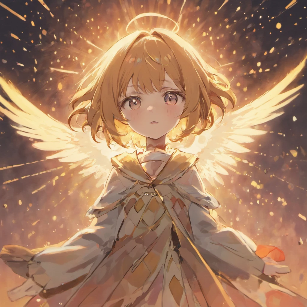 Kemono anime cat girl with big bright eyes, open wings, clouded skys, parkling dots backdrop, Van Gogh style