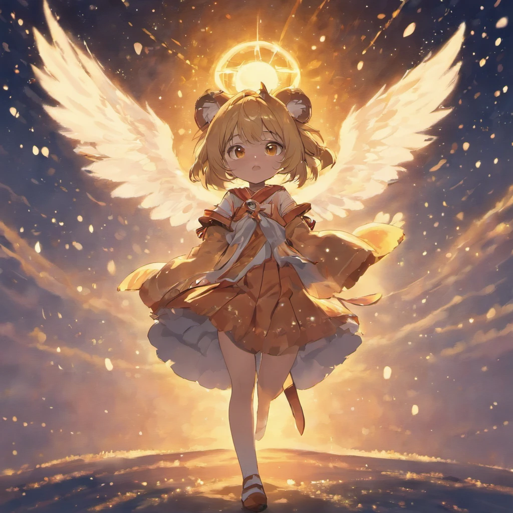 Kemono anime cat girl with big bright eyes, open wings, clouded skys, parkling dots backdrop, Van Gogh style