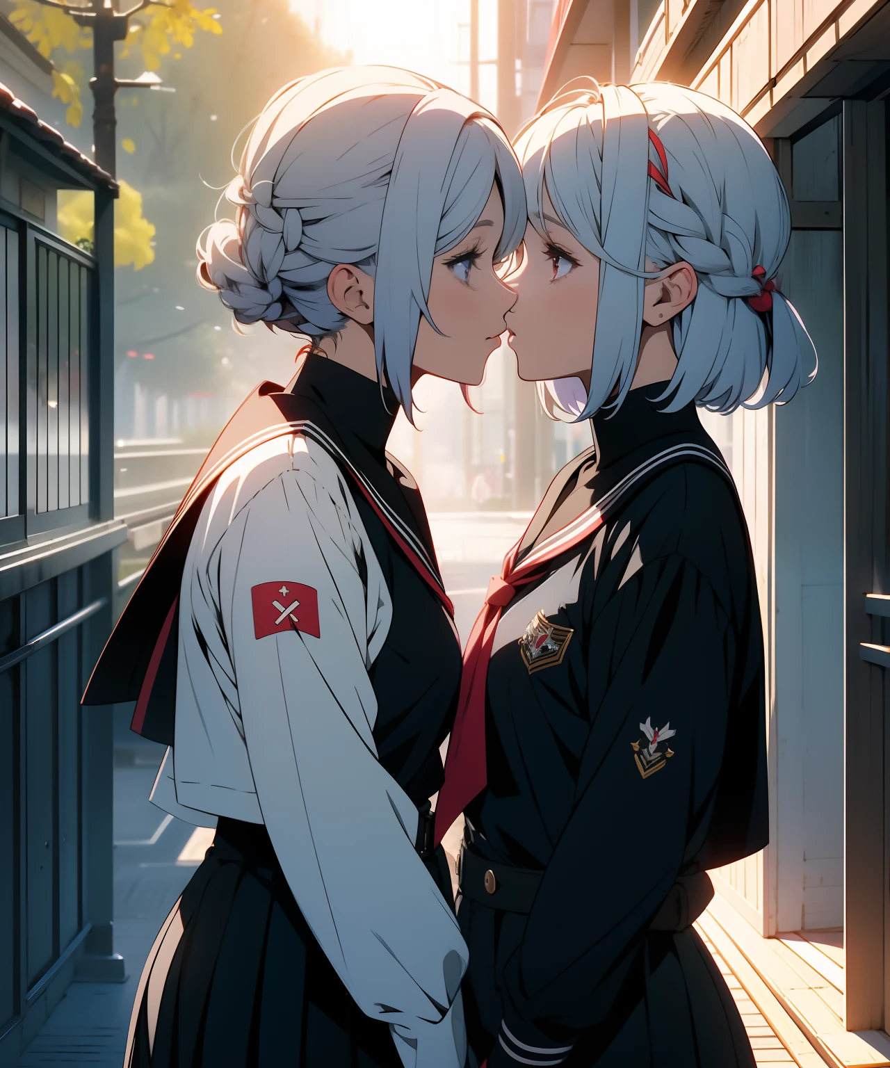 2 girls, elf, silver hair, red eyes, bob cut, braid, lily, kiss, school uniform, sailor suit, concept art, beautiful anime scene, beautiful anime scenery, top rating on pixiv, best quality, 4K
