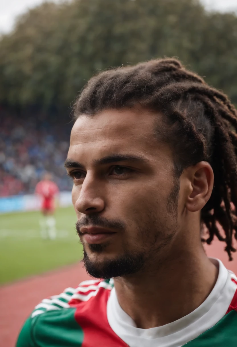 Homem soccer player de Portugal, de dreadlock curto, na cidade de Leicester