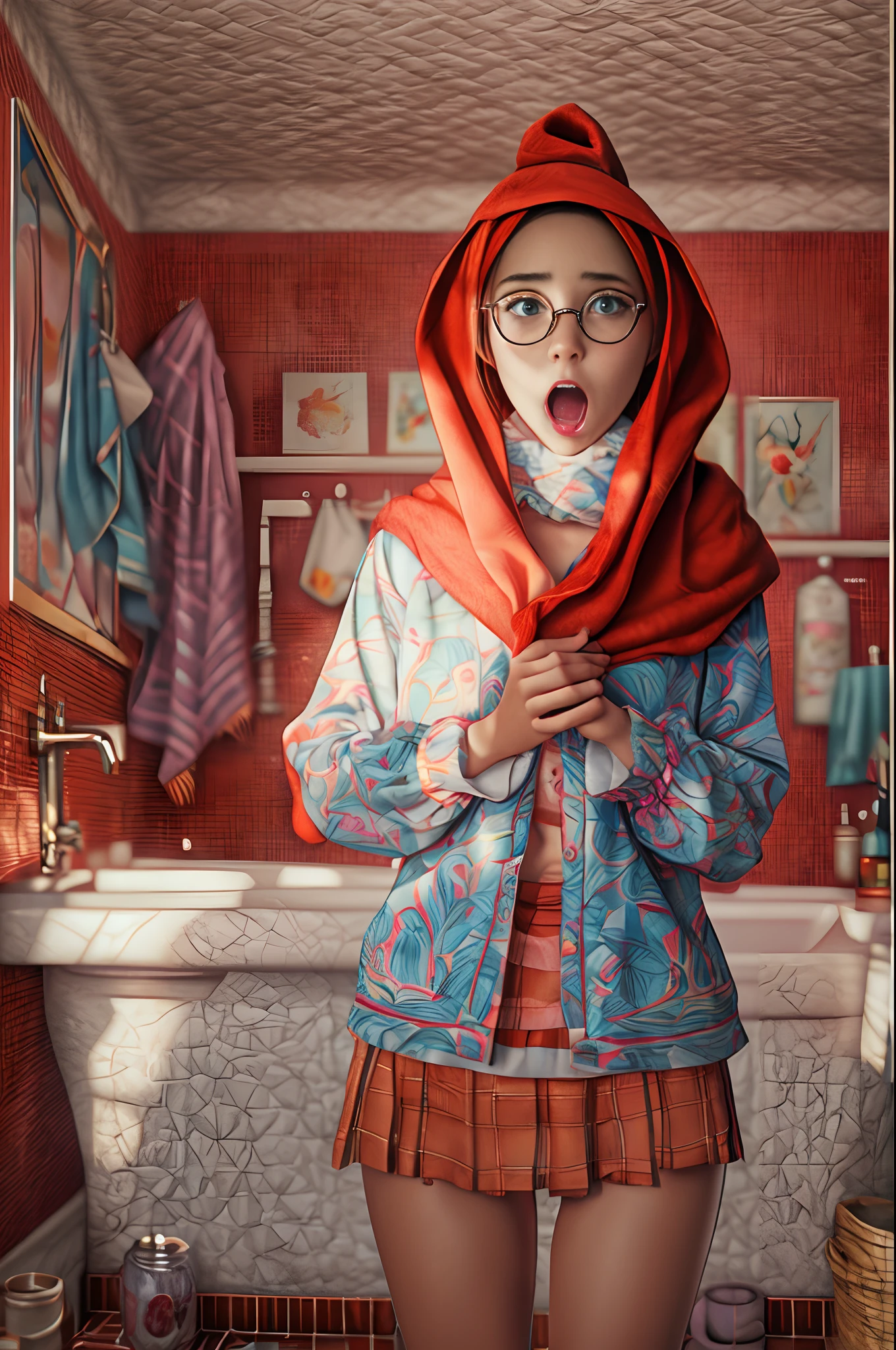 DSLR, F/2.8, Lens Flare, 5D, 16k, Super-Resolution . realistic style, key visual, vibrant, studio realistic, highly detailed A surprised whimsical girl clutched in red towel standing in a vintage bathroom, perfect anatomy, ,DSLR, F/2.8, Lens Flare, 5D, 16k, Super-Resolution . realistic style, key visual, vibrant, studio realistic,,highly detailed, graphic 3d model, render, comic art, graphic novel art, vibrant, detailed character design