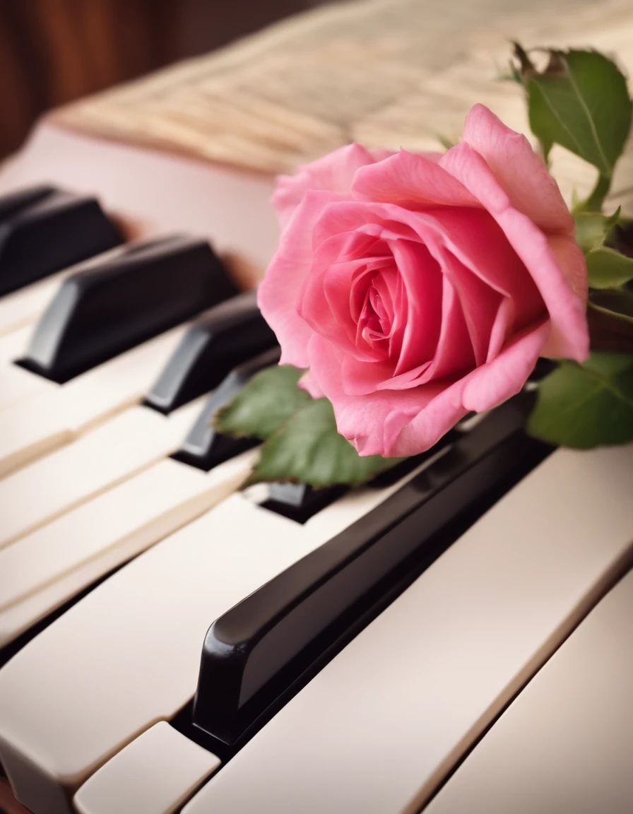rose on piano keys, romantic light