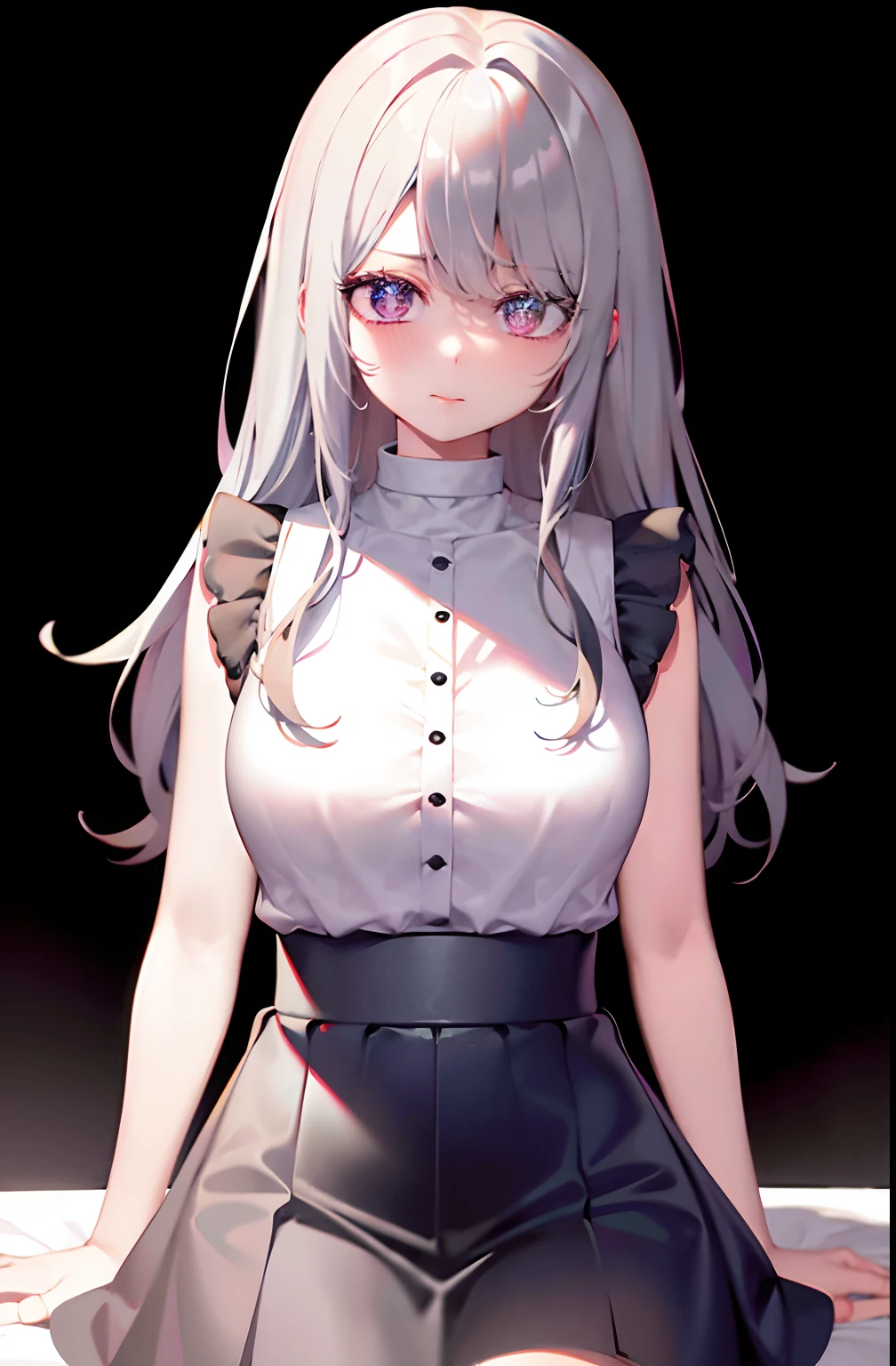 best quality, ultra high res, 1girl, sleeveless white button shirt, black skirt, black choker, cute, (Kpop idol), (aegyo sal:1), (platinum blonde hair:1), ((puffy eyes)), looking at viewer, full body, facing front