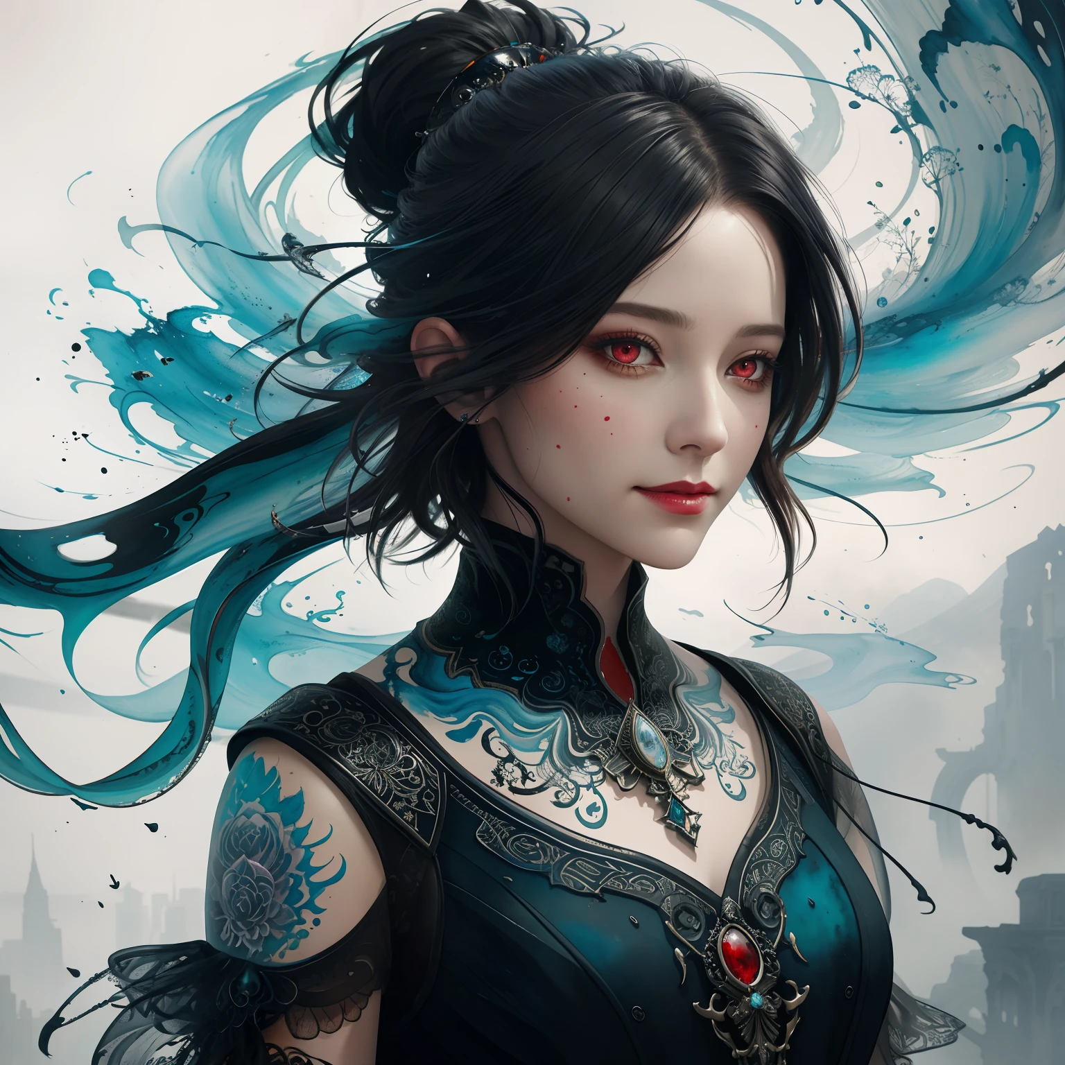 Colorful beautiful woman: Black ink flow: 8k resolution photorealistic masterpiece: by Aaron Horkey and Jeremy Mann: intricately detailed fluid gouache painting: by Jean Baptiste Mongue: calligraphy: acrylic: watercolor art, professional photography, natural lighting, volumetric lighting maximalist photoillustration: by marton bobzert: 8k resolution concept art intricately detailed, complex, elegant, expansive, fantastical, short hair, updo, bloody-red eyes, ironic smile