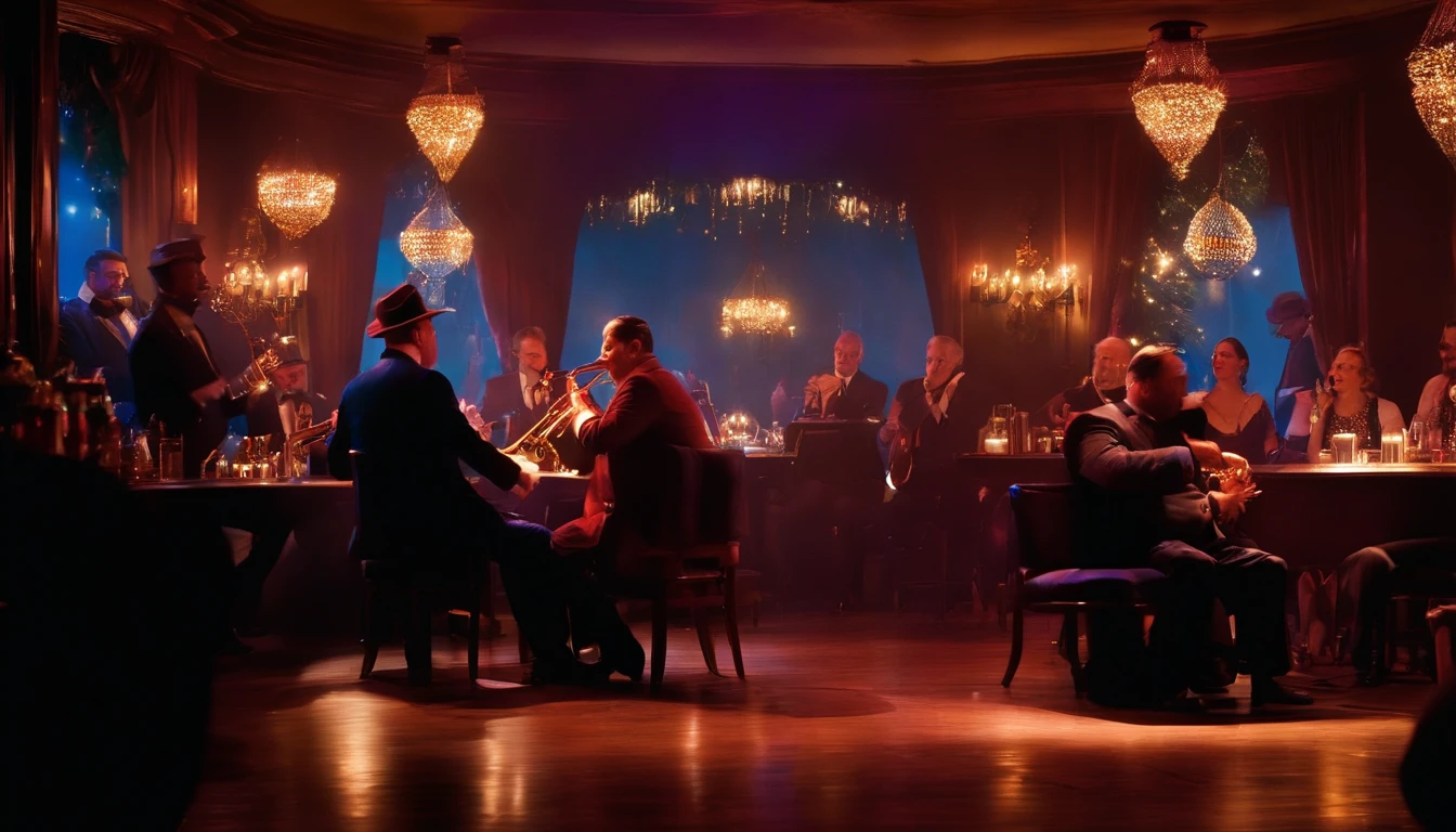 people sitting  in a smoky 1930's jazz bar, human's playing instruments on stage, bright christmas lights, people dancing