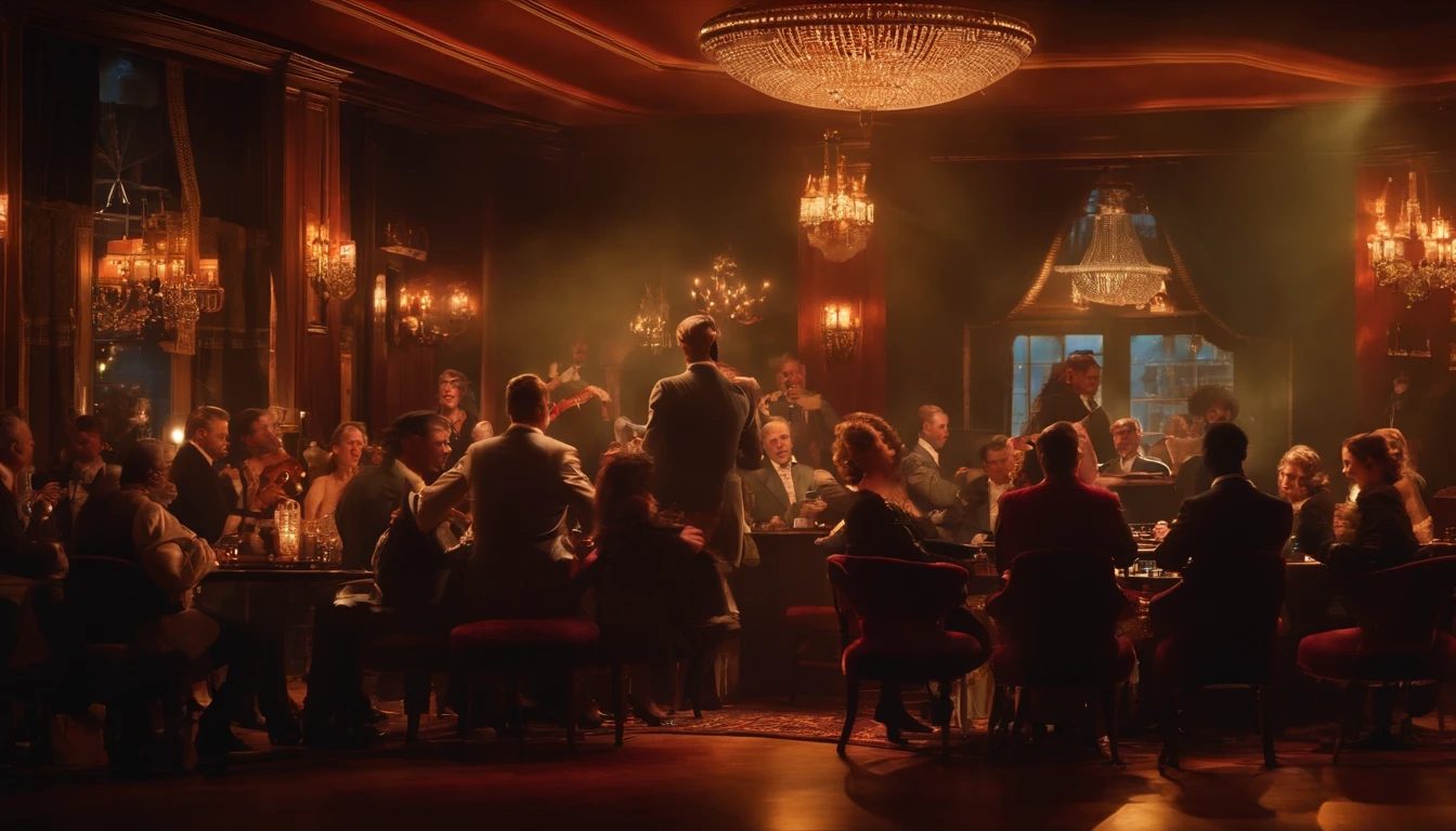 people sitting  in a smoky 1930's jazz bar, human's playing instruments on stage, bright christmas lights, people dancing