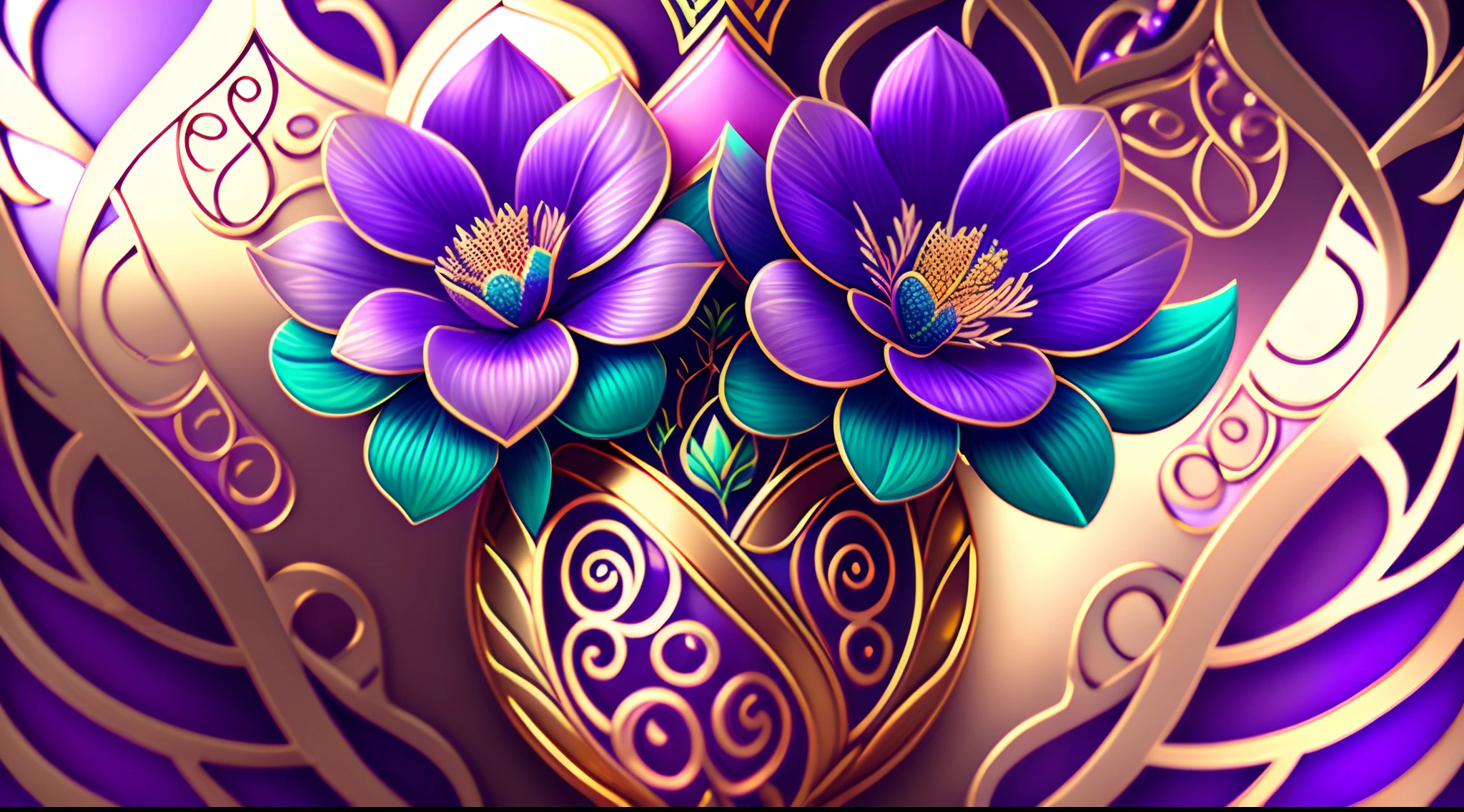 ornate pattern and abstract flowers and vines, gold and iridescent, Southern lights, purple, teal, soft pink, intricate pattern, maya render, maximum detail, UHD, 32k photorealistic, HDR, High octane render