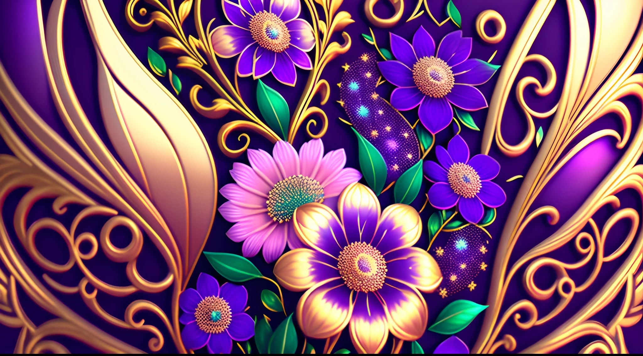 ornate pattern and abstract flowers and vines, gold and iridescent, Southern lights, purple, teal, soft pink, intricate pattern, maya render, maximum detail, UHD, 32k photorealistic, HDR, High octane render