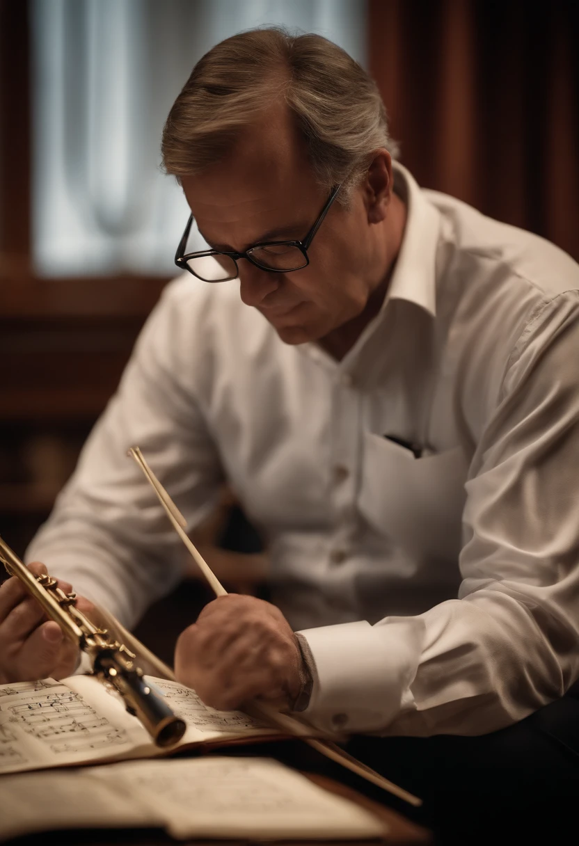 Portrait of a music teacher who created a music book for band students to study, His play various wind instruments and study with the teacher's book with great dedication