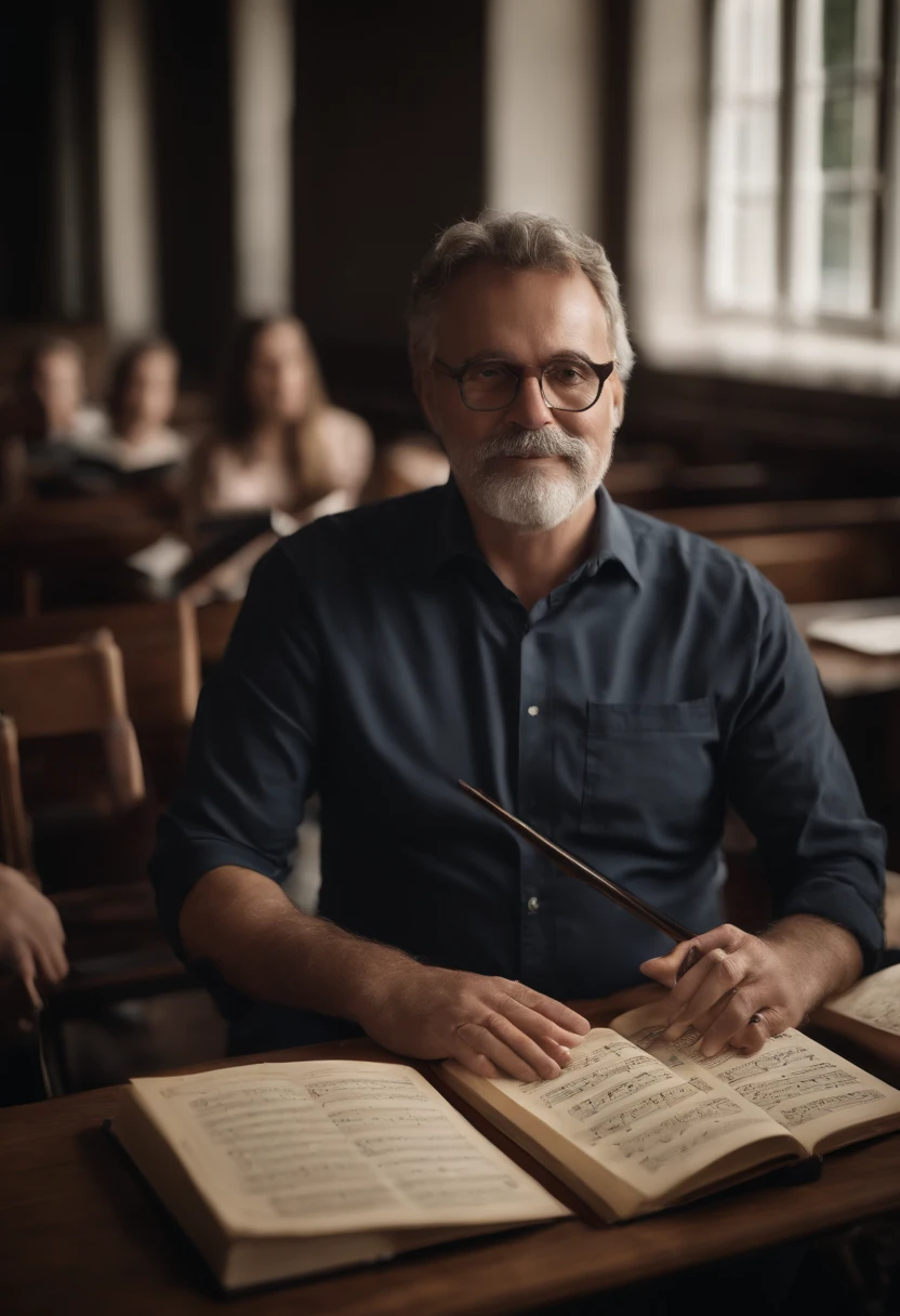 Portrait of a music teacher who created a music book for band students to study, His play various wind instruments and study with the teacher's book with great dedication