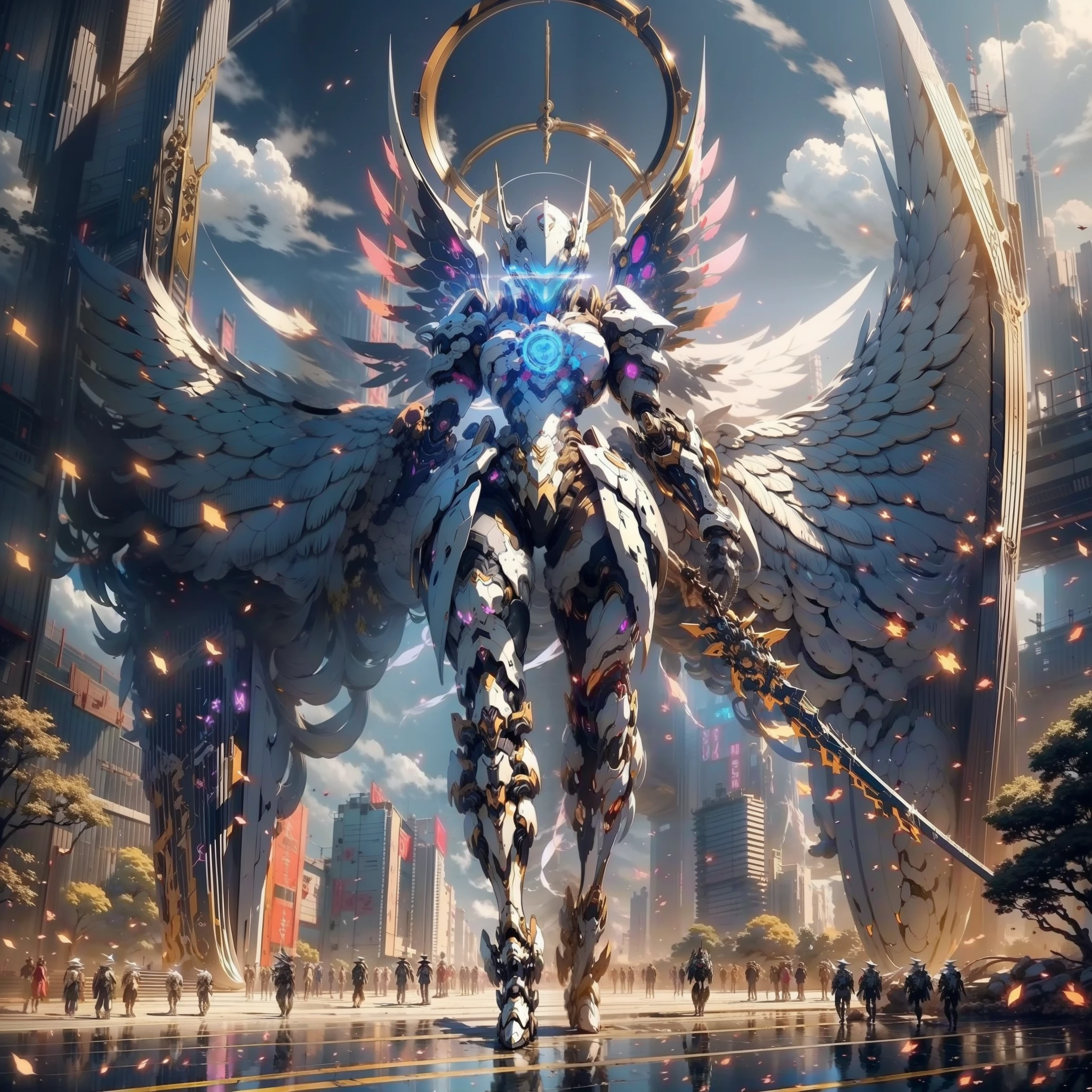 Anime character with clock on background, best anime 4k konachan wallpaper, warframe art, Detailed key anime art, Exquisite War Frame Fan Art, 8k hd wallpaperjpeg artifact, 8 k hd wallpaperjpeg artifact, anime epic artwork, high detailed official artwork, Anime Mecha Aesthetics, covered in full silver armor, Detailed War Frame Fan Art、(Huge mechanical wings)、